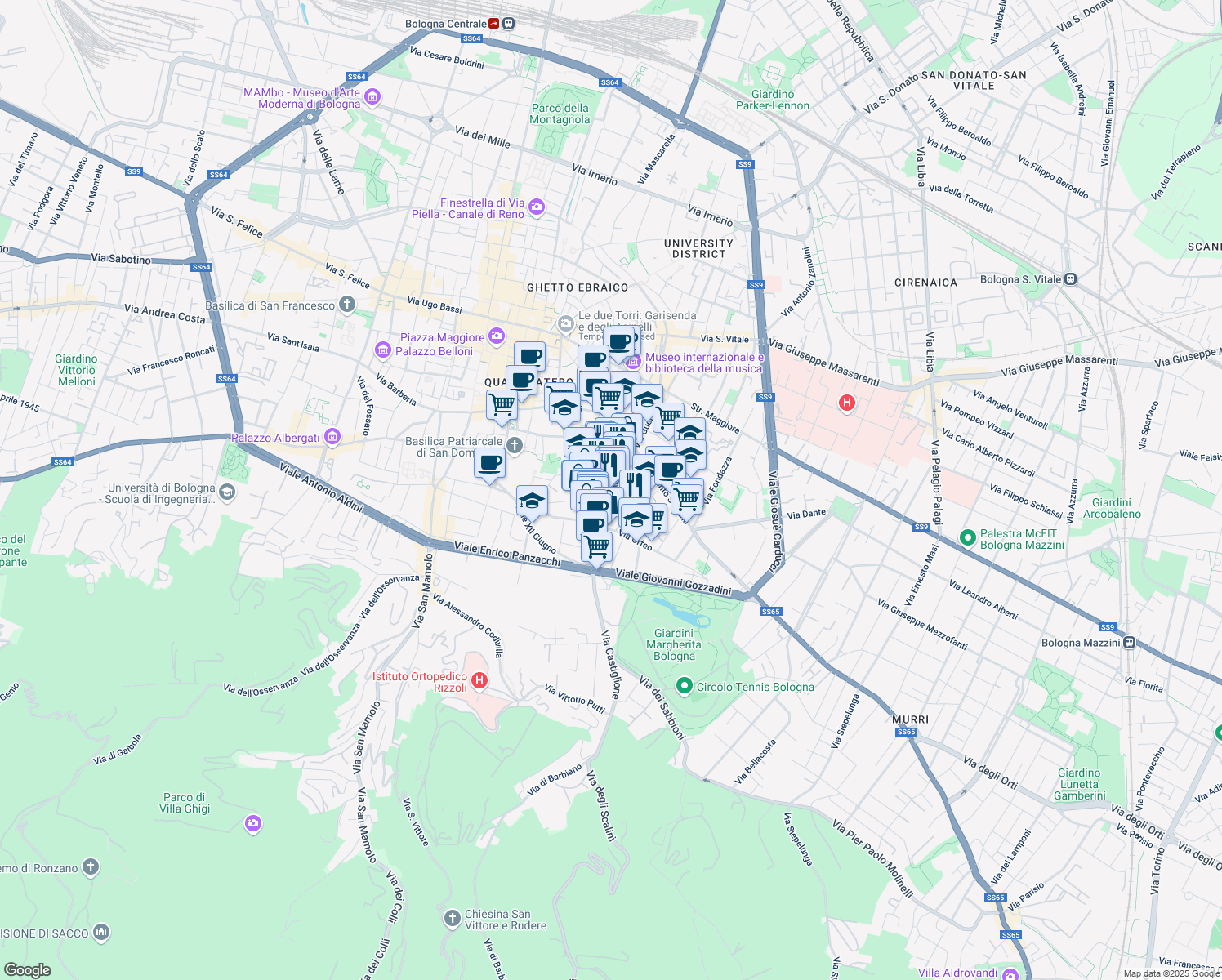 map of restaurants, bars, coffee shops, grocery stores, and more near 21 Via Rialto in Bologna