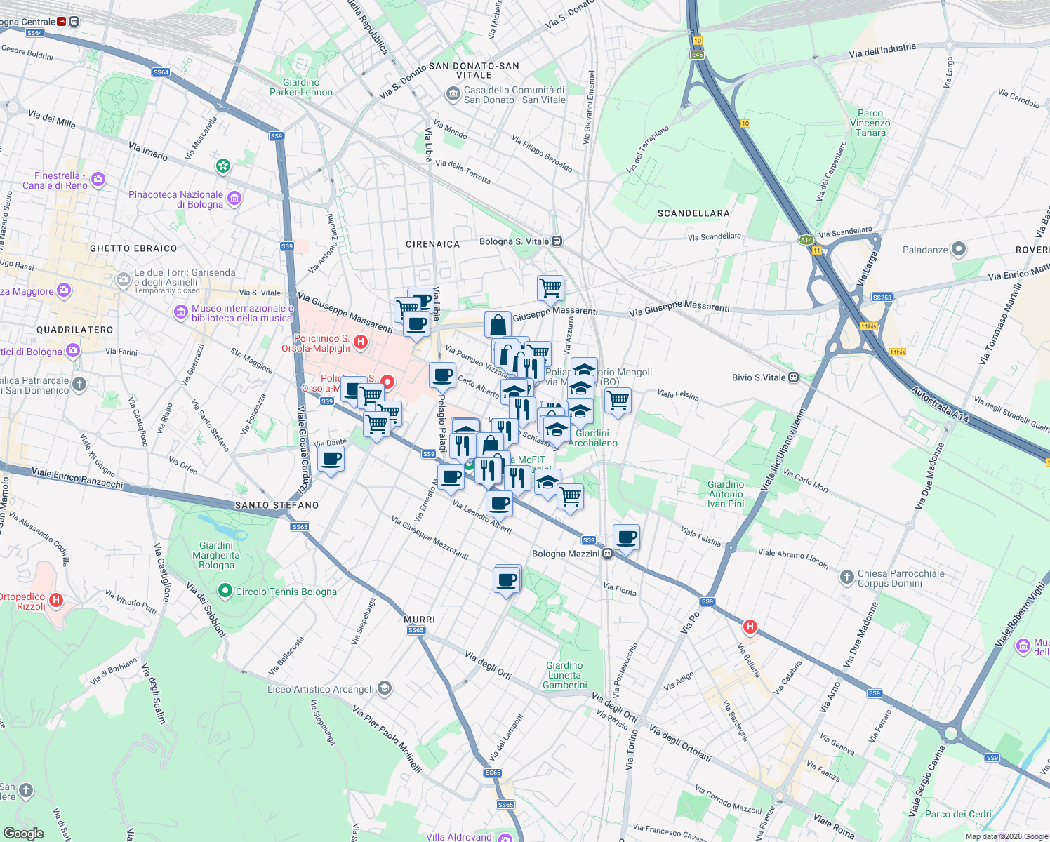 map of restaurants, bars, coffee shops, grocery stores, and more near 19 Via Pietro Mengoli in Bologna
