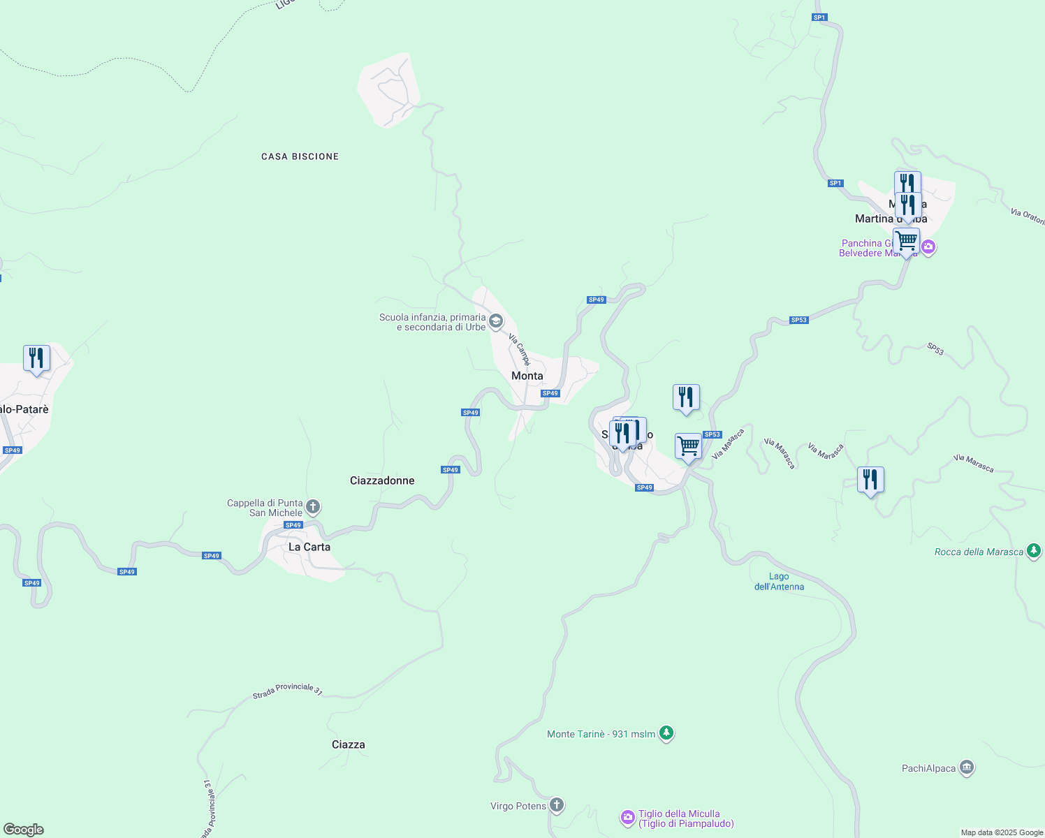 map of restaurants, bars, coffee shops, grocery stores, and more near 18 Via Montà in Monta
