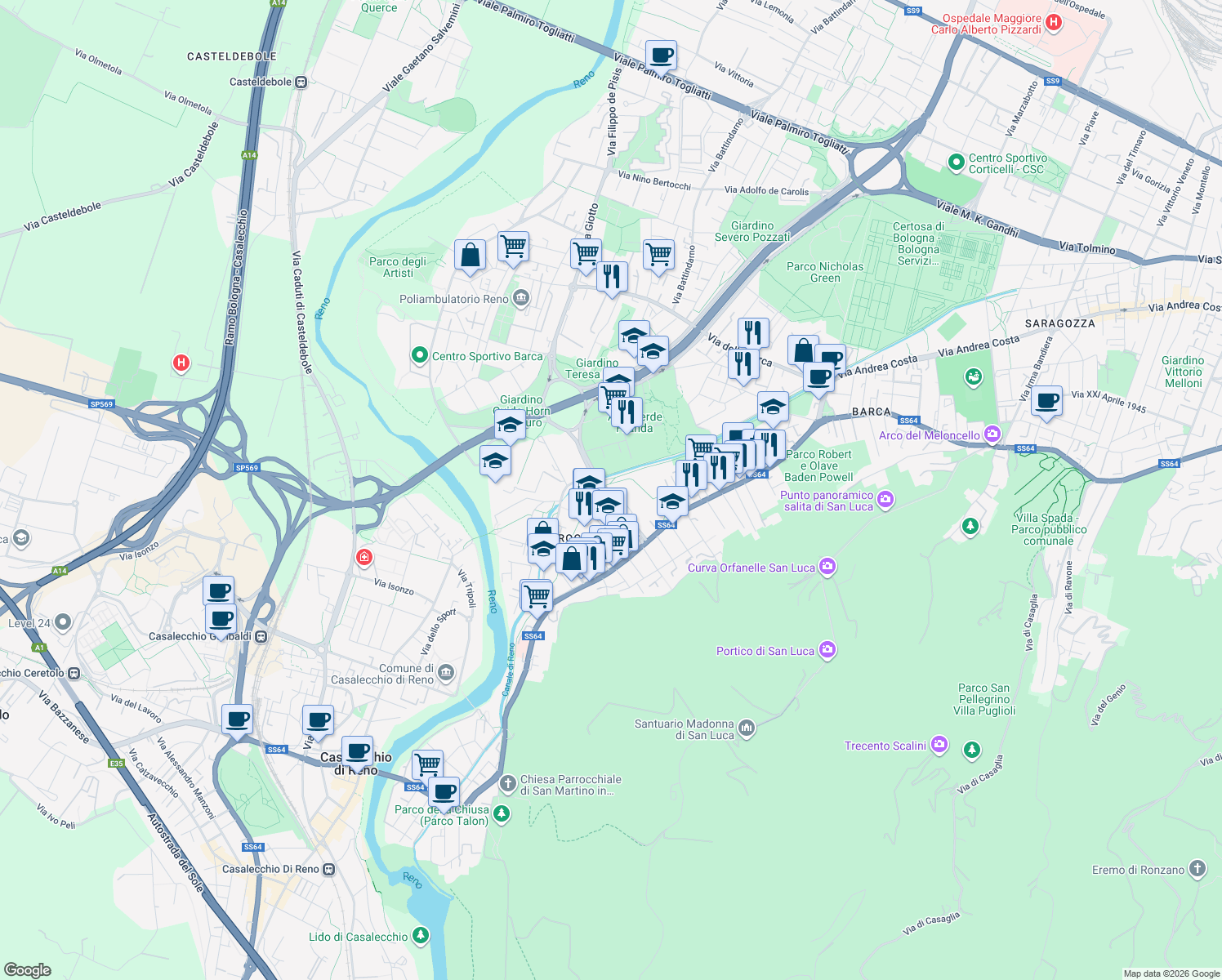 map of restaurants, bars, coffee shops, grocery stores, and more near 31 Via Caravaggio in Casalecchio di Reno