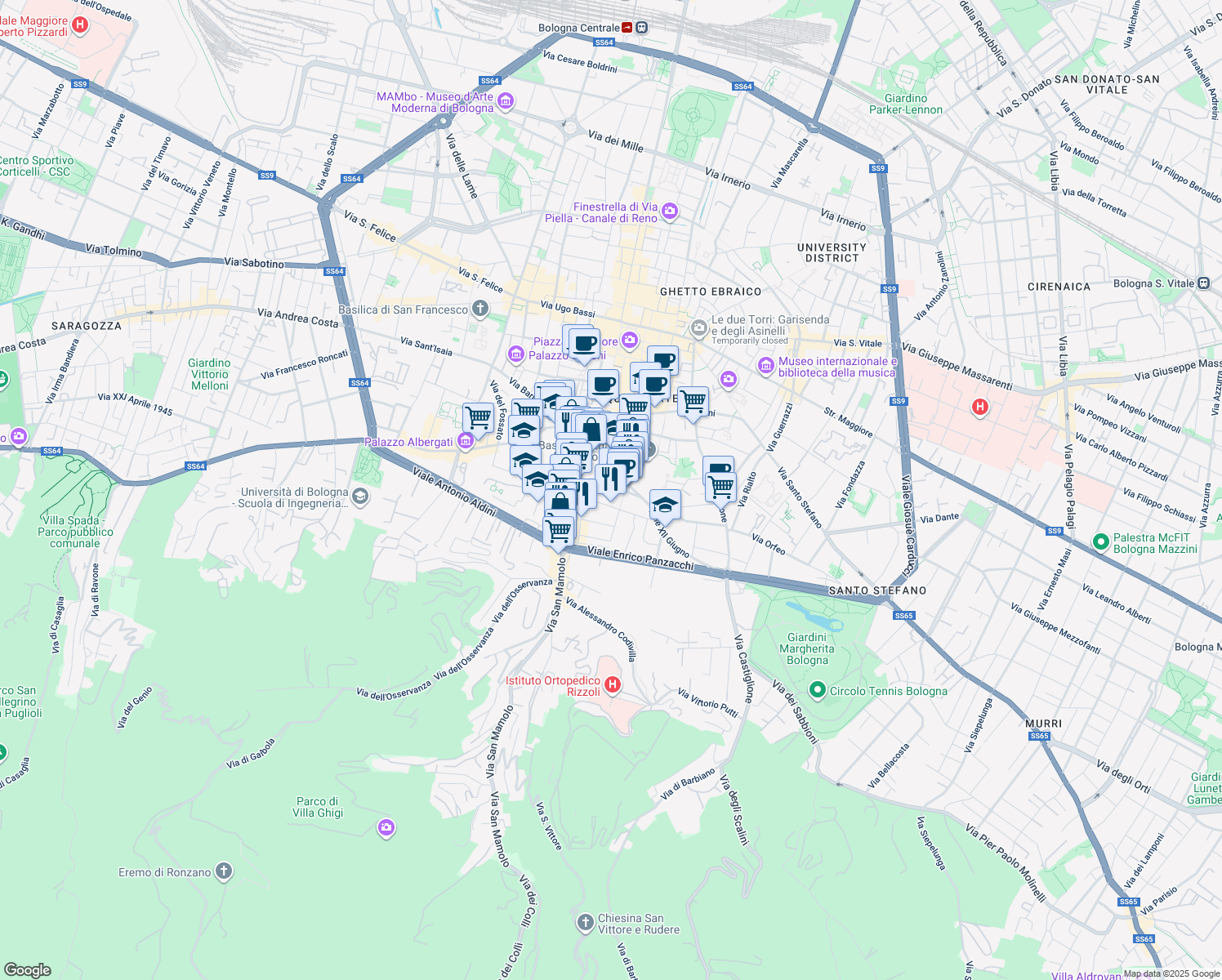 map of restaurants, bars, coffee shops, grocery stores, and more near 31 Via delle Tovaglie in Bologna
