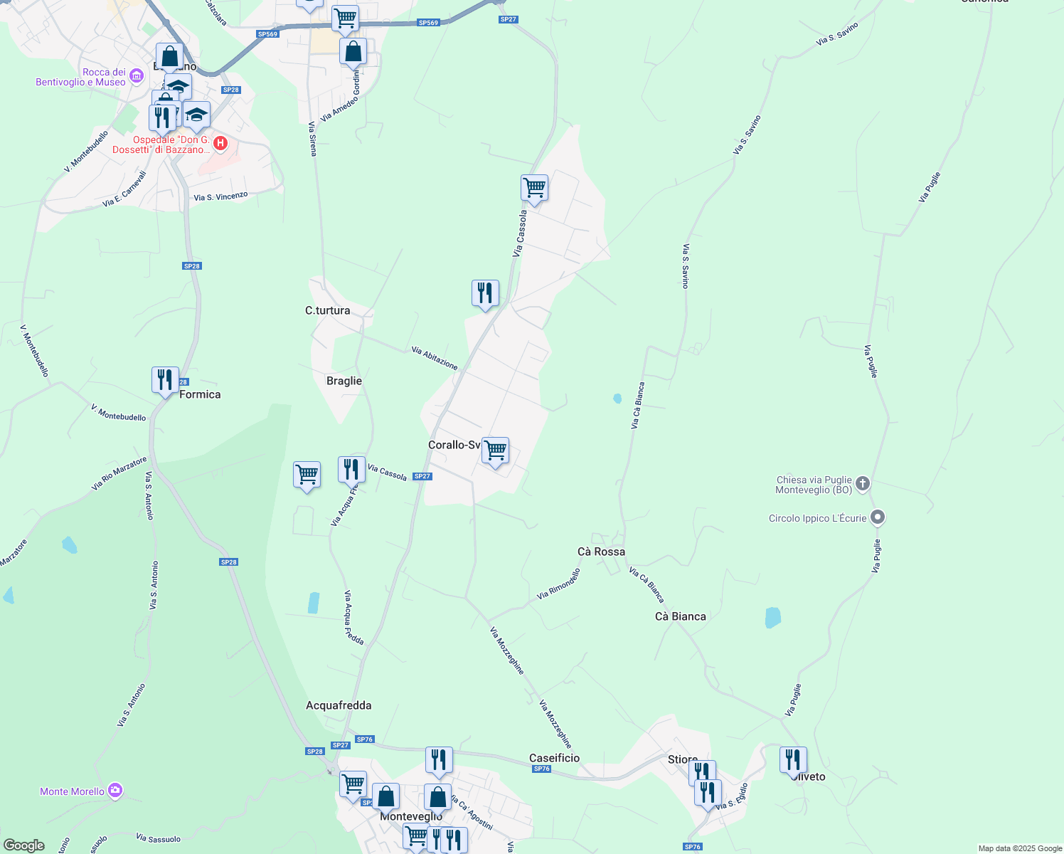 map of restaurants, bars, coffee shops, grocery stores, and more near in Corallo-Sveglia