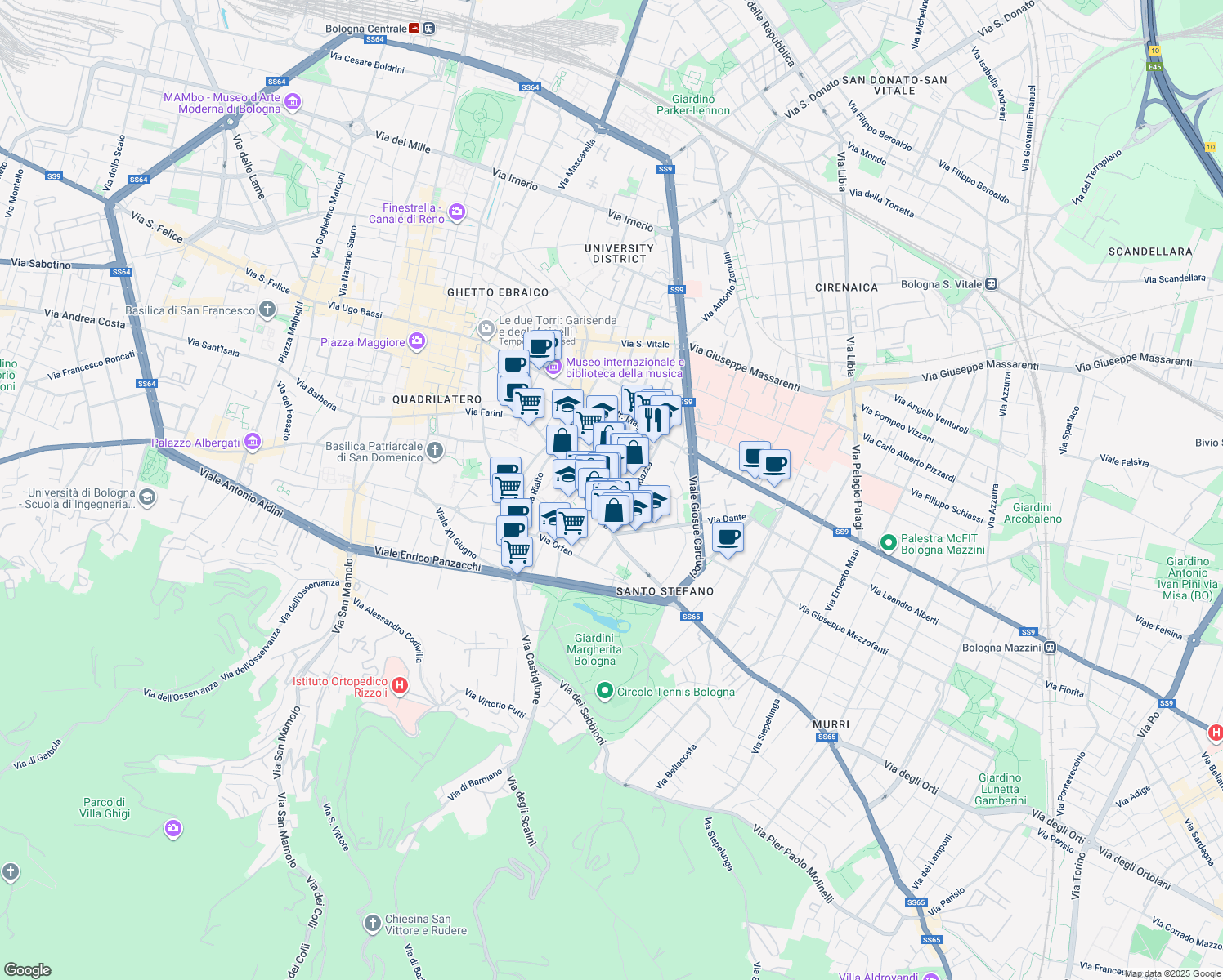 map of restaurants, bars, coffee shops, grocery stores, and more near 12 Via Remorsella in Bologna