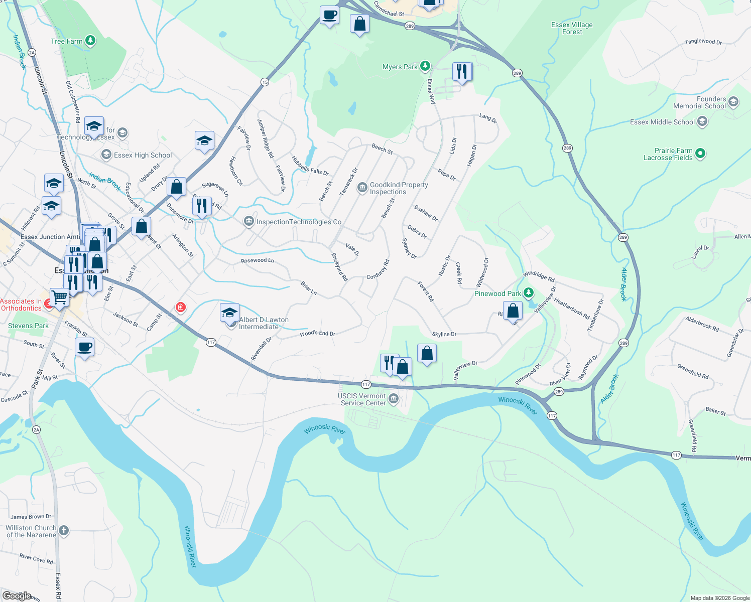 map of restaurants, bars, coffee shops, grocery stores, and more near 12 Kiln Road in Essex