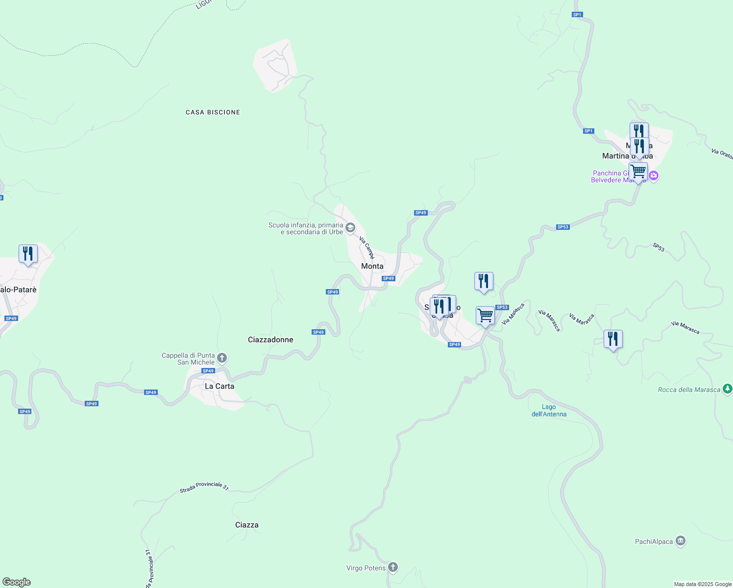 map of restaurants, bars, coffee shops, grocery stores, and more near 31 Via Montà in Monta