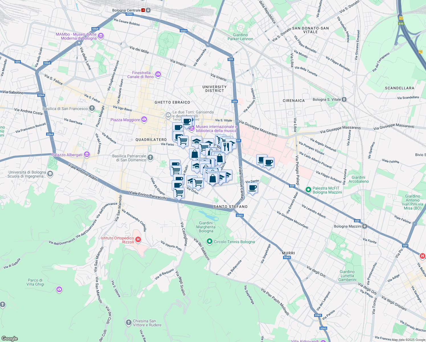 map of restaurants, bars, coffee shops, grocery stores, and more near 12 Via Remorsella in Bologna