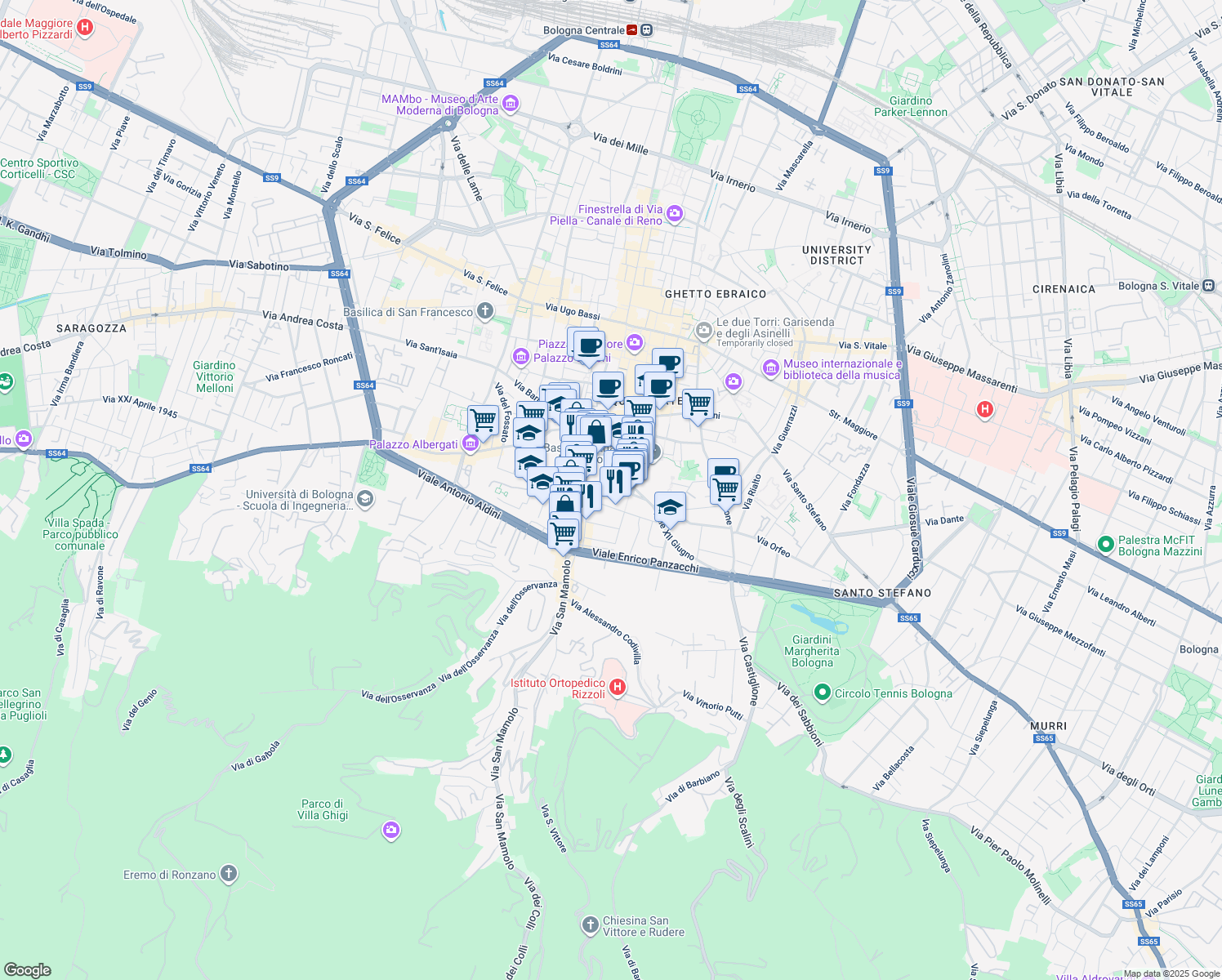 map of restaurants, bars, coffee shops, grocery stores, and more near 31 Via delle Tovaglie in Bologna