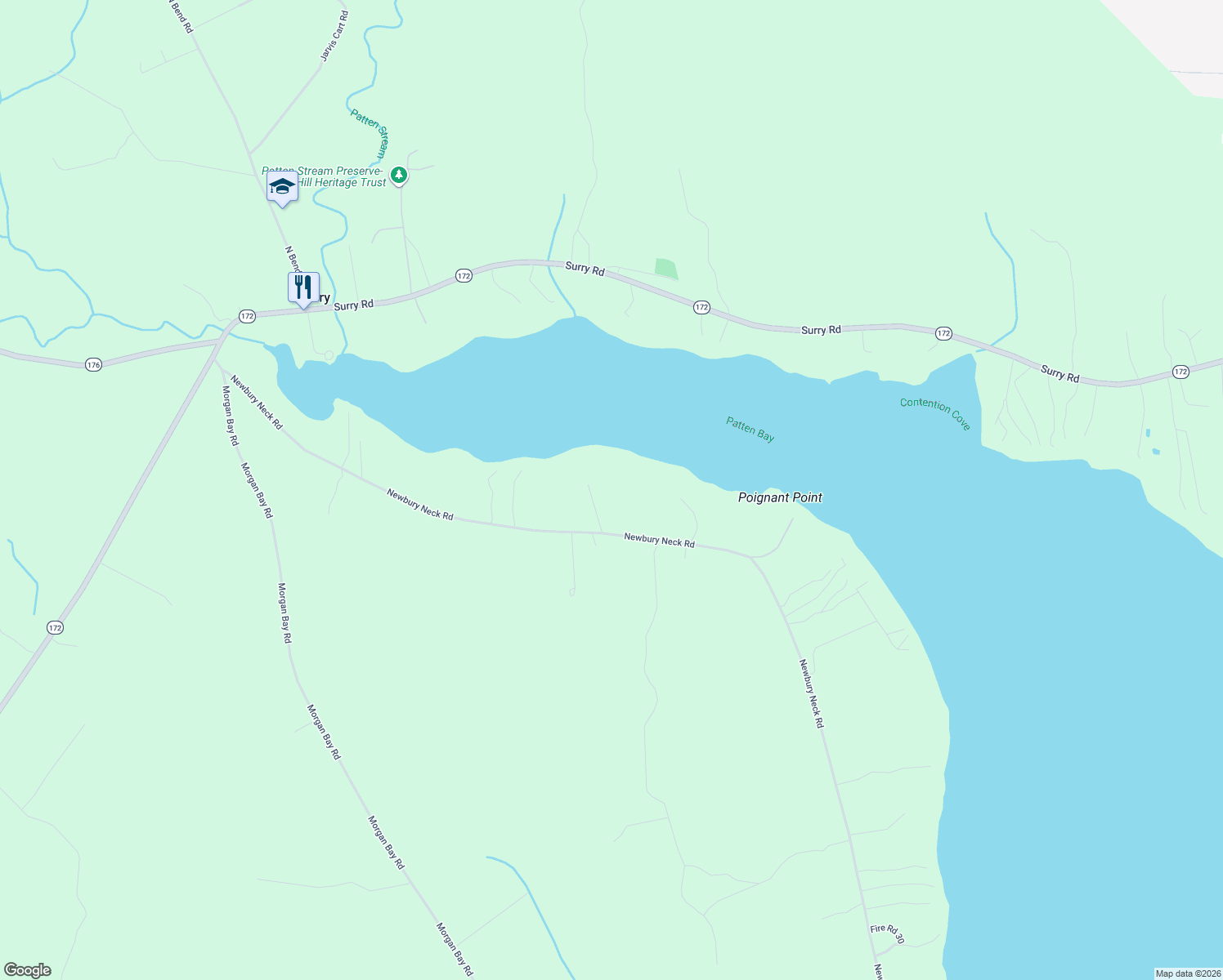 map of restaurants, bars, coffee shops, grocery stores, and more near 244 Newbury Neck Road in Surry