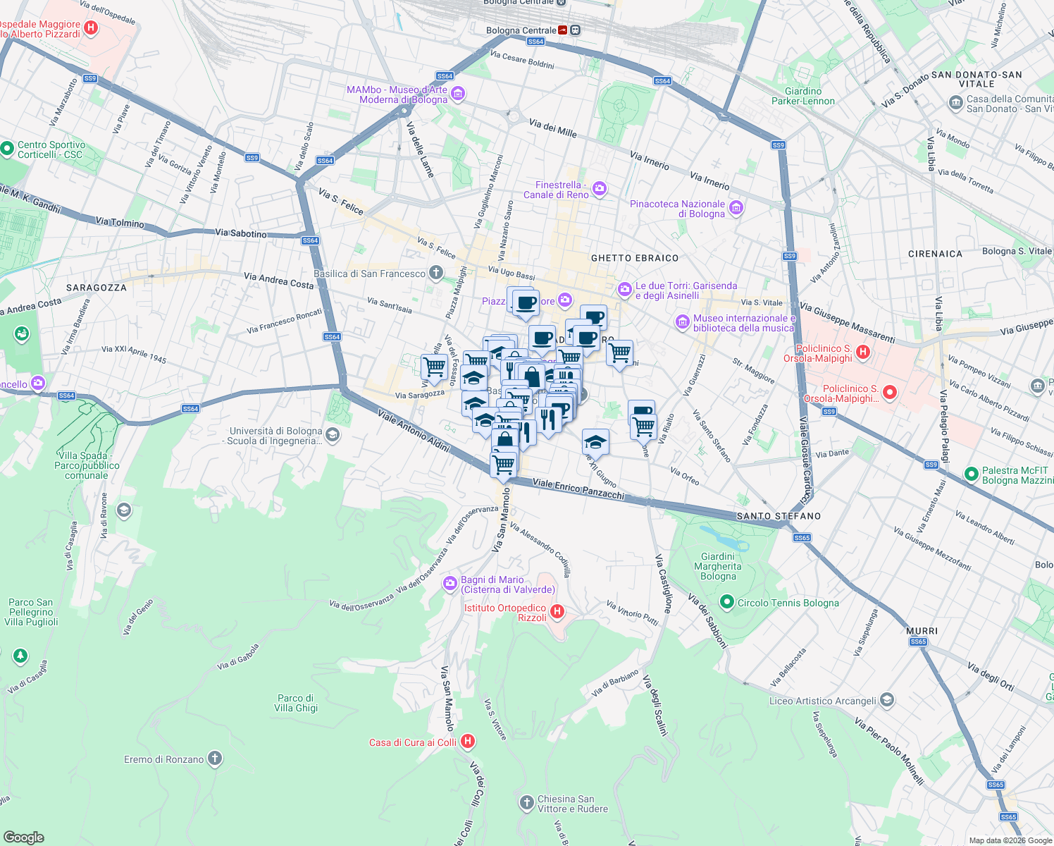 map of restaurants, bars, coffee shops, grocery stores, and more near 31 Via delle Tovaglie in Bologna