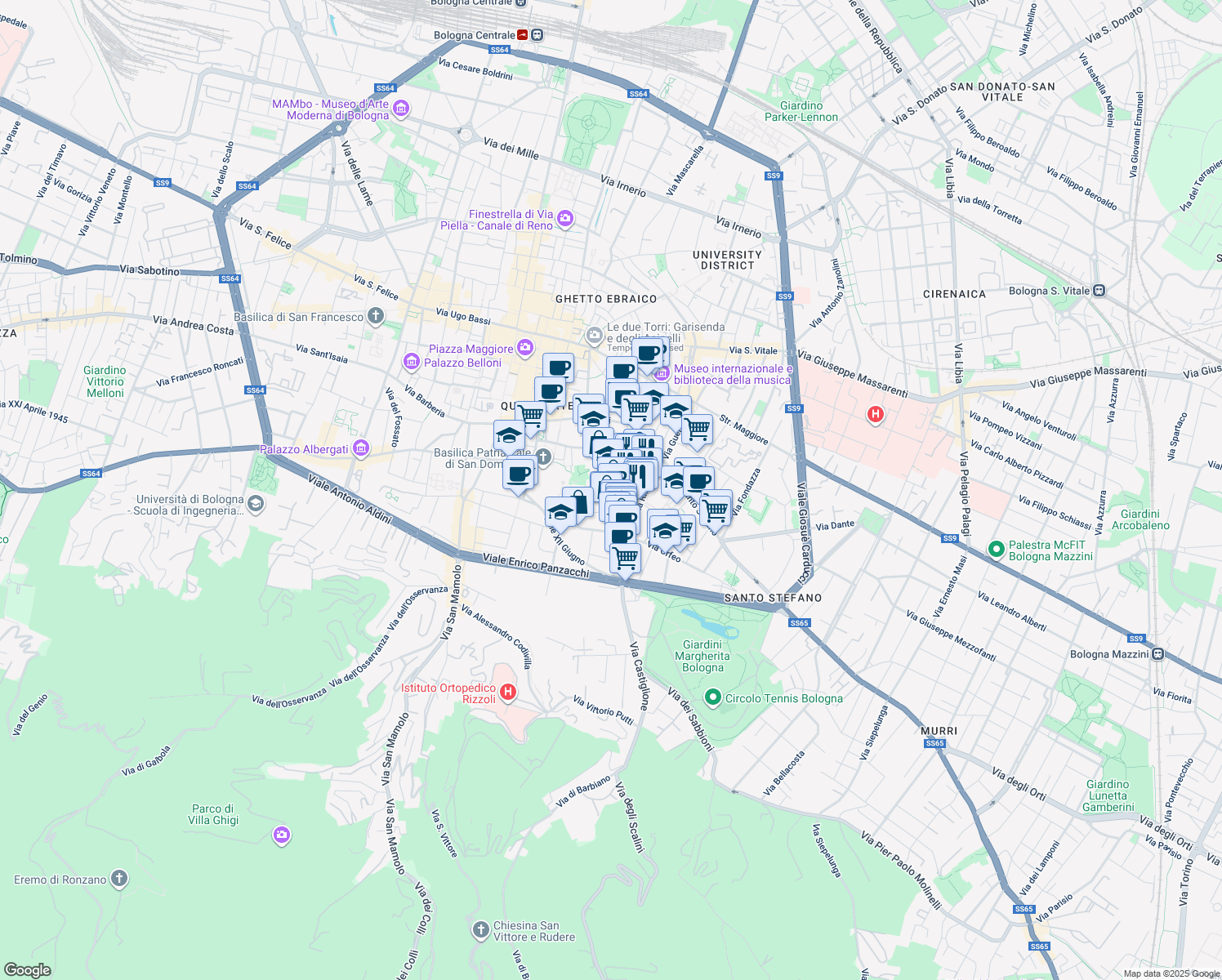 map of restaurants, bars, coffee shops, grocery stores, and more near 1-5 Vicolo Santa Lucia in Bologna