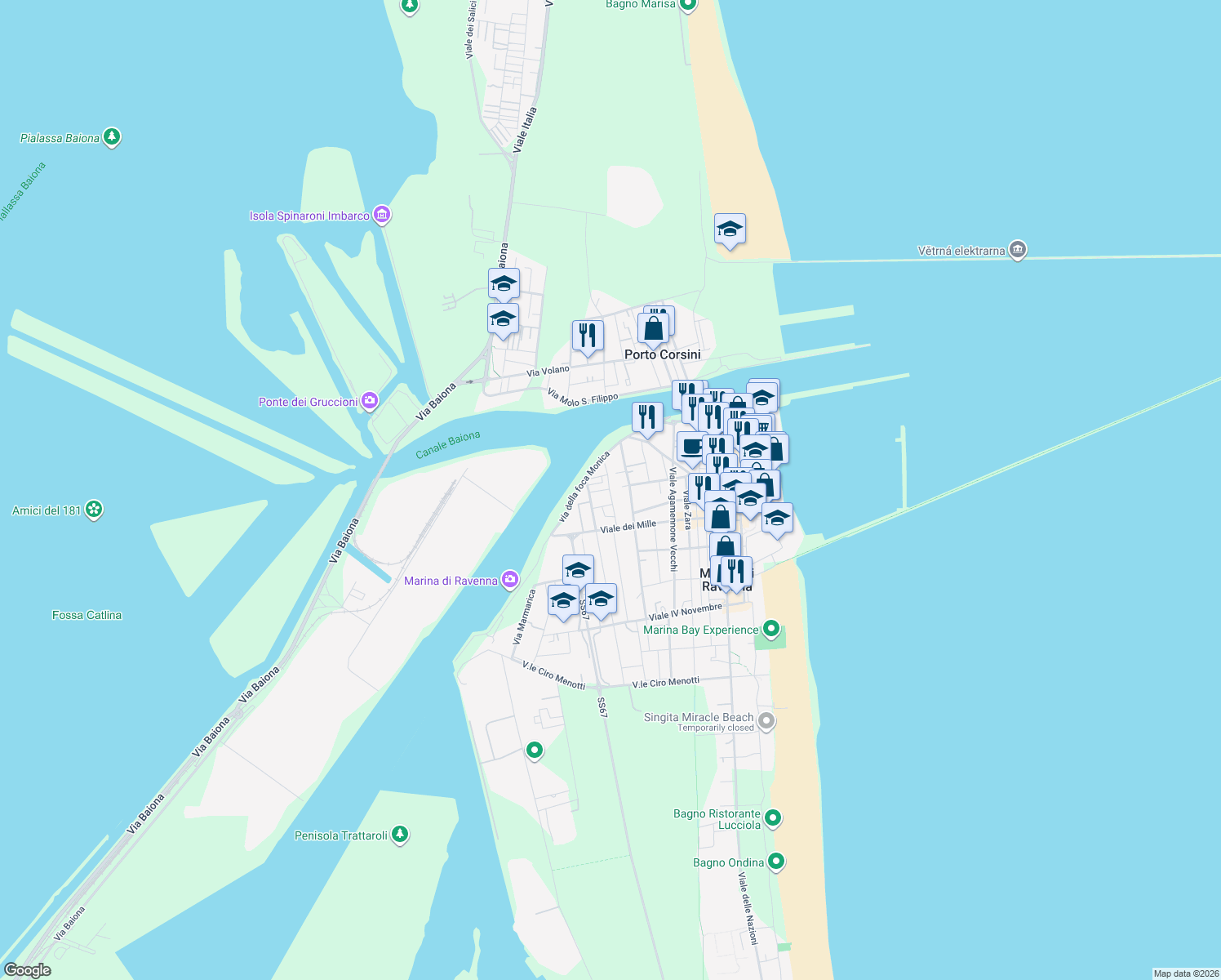 map of restaurants, bars, coffee shops, grocery stores, and more near 1 Via Policastro in Marina di Ravenna