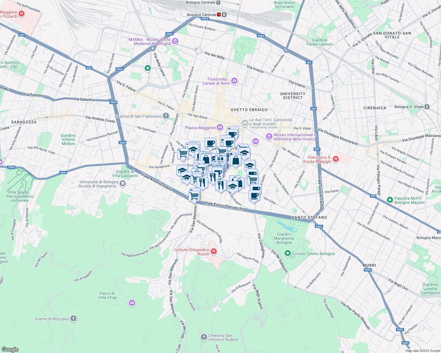 map of restaurants, bars, coffee shops, grocery stores, and more near in Bologna