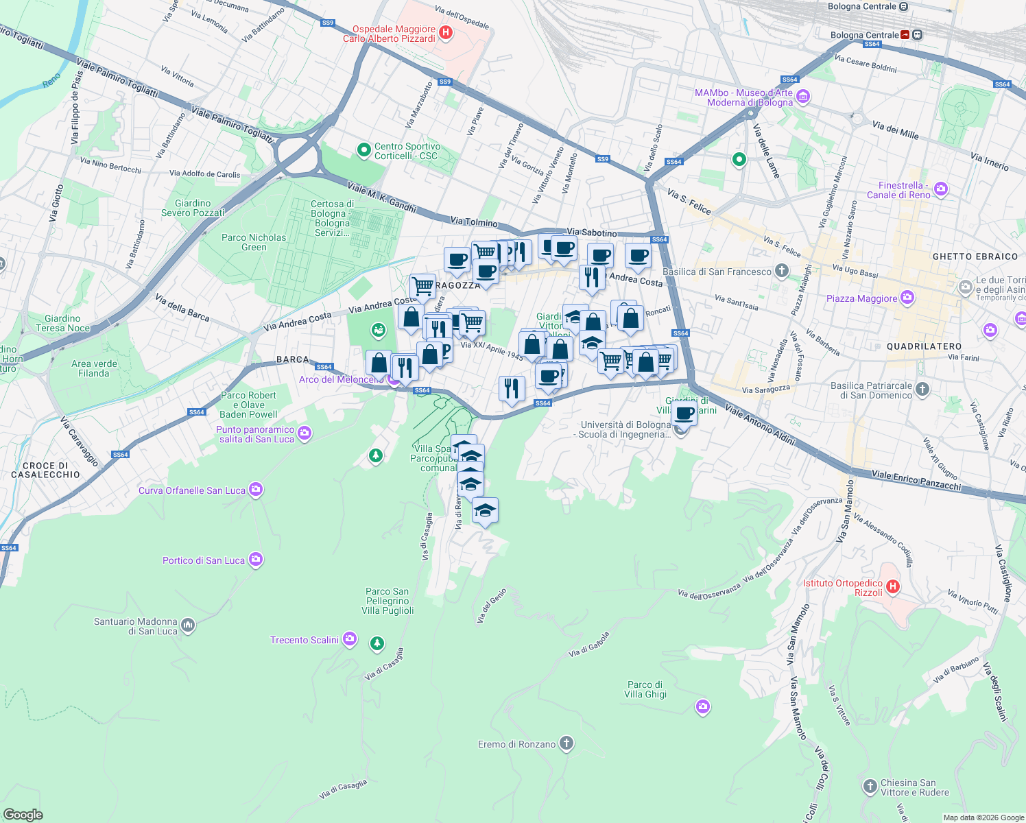 map of restaurants, bars, coffee shops, grocery stores, and more near 32 Via Francesco Orsoni in Bologna