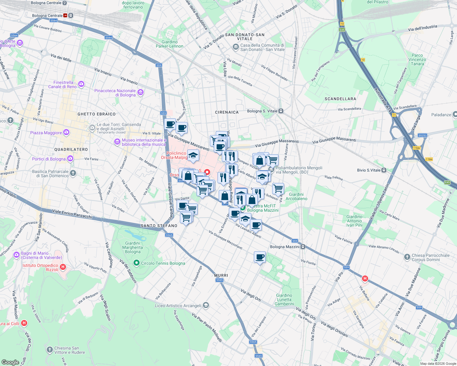map of restaurants, bars, coffee shops, grocery stores, and more near 25 Via Filippo Argelati in Bologna