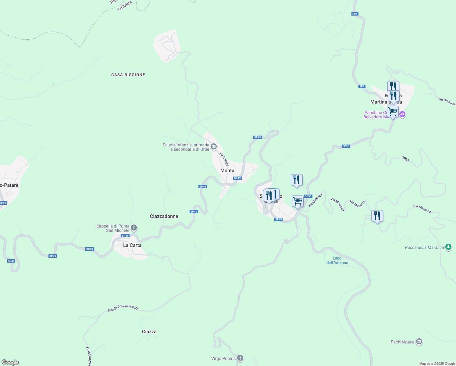 map of restaurants, bars, coffee shops, grocery stores, and more near 13 SP49 in Provincia di Savona