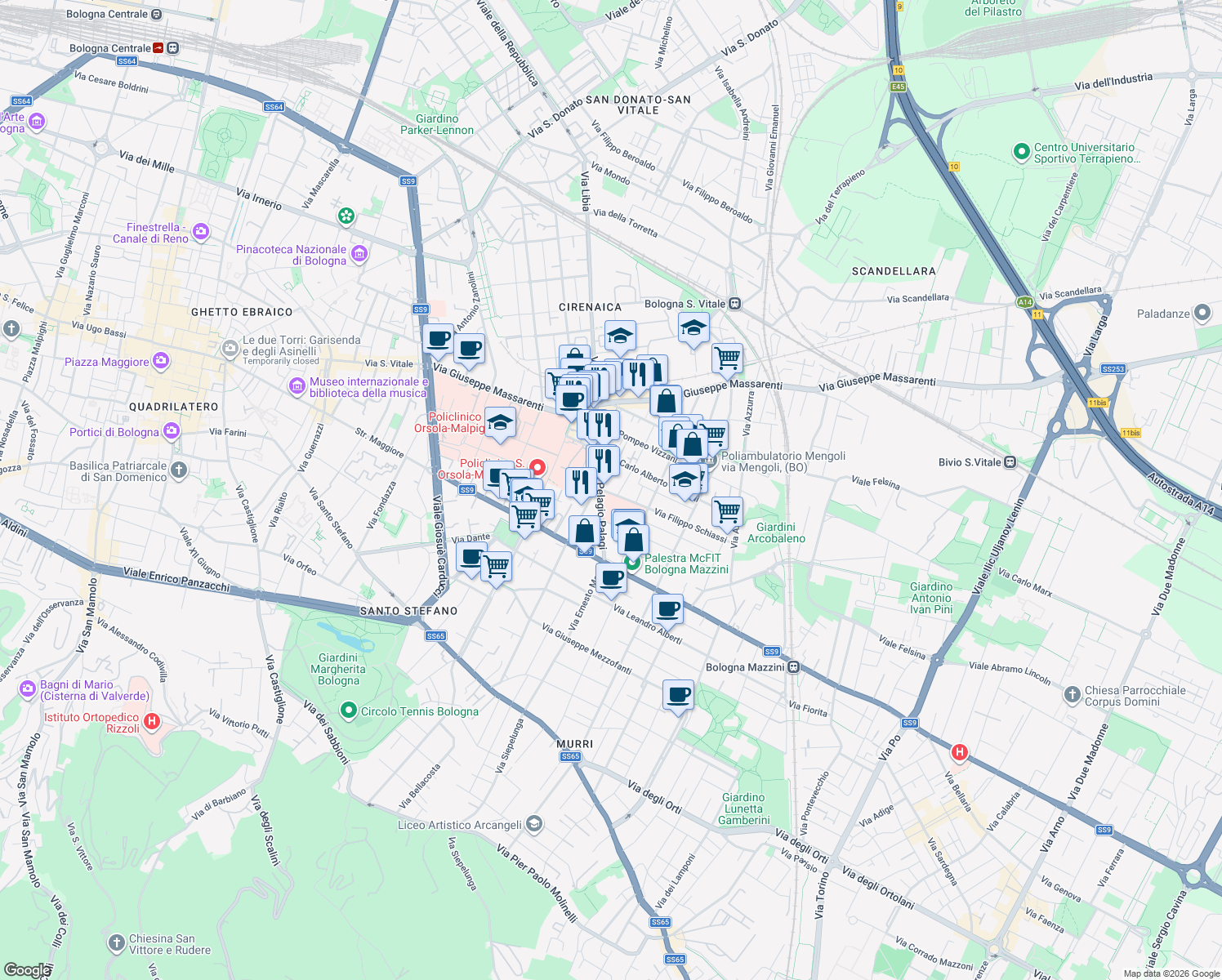 map of restaurants, bars, coffee shops, grocery stores, and more near 4 Via Filippo Schiassi in Bologna