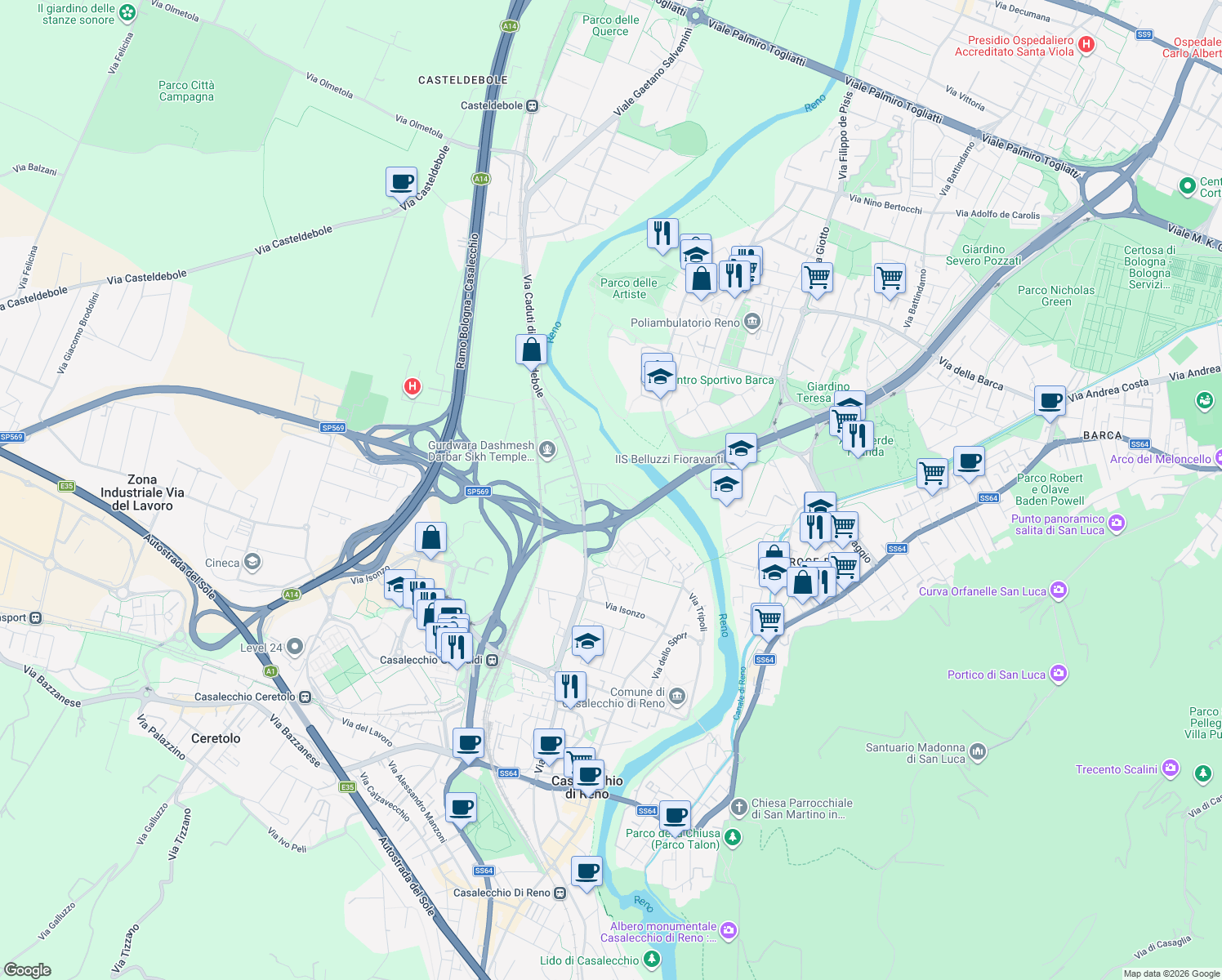 map of restaurants, bars, coffee shops, grocery stores, and more near 1 Via Masetti in Casalecchio di Reno