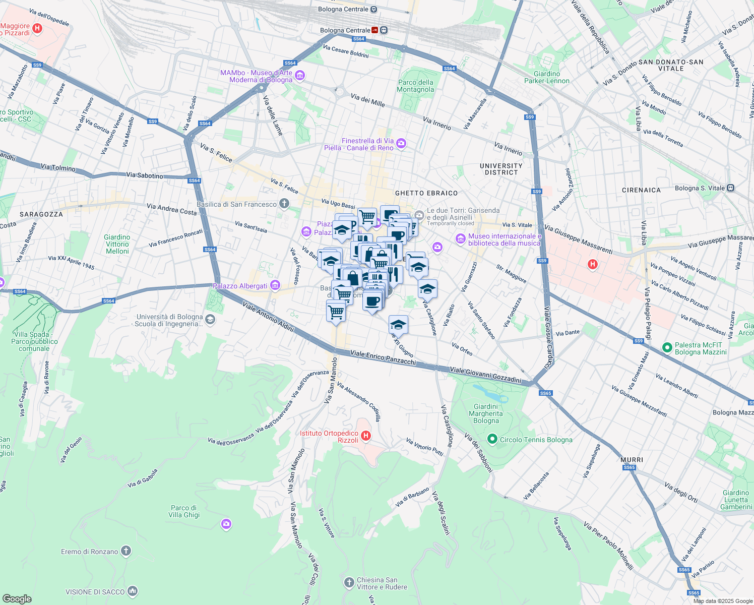 map of restaurants, bars, coffee shops, grocery stores, and more near 19 Via Marsili in Bologna