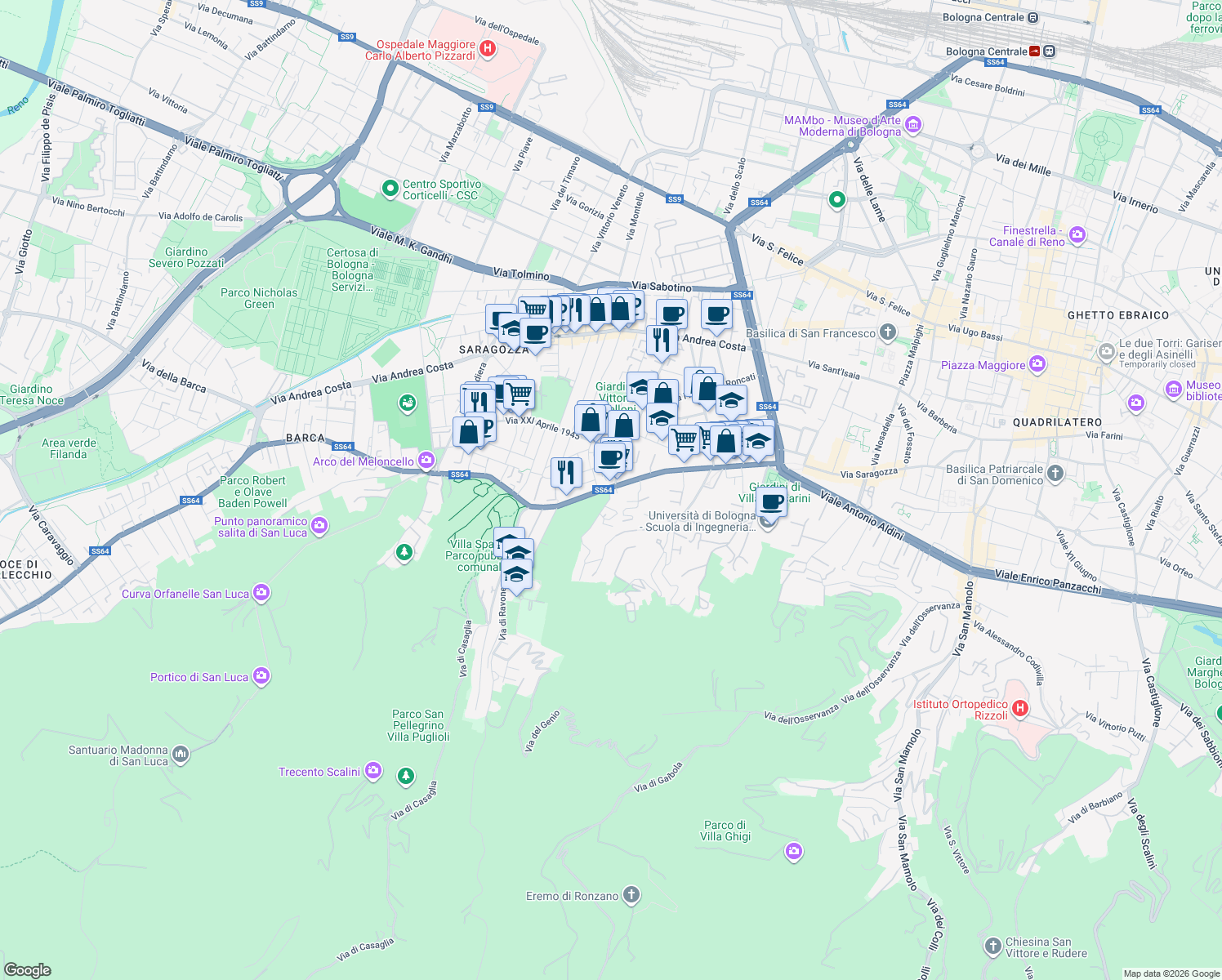 map of restaurants, bars, coffee shops, grocery stores, and more near 1 Via Francesco Orsoni in Bologna