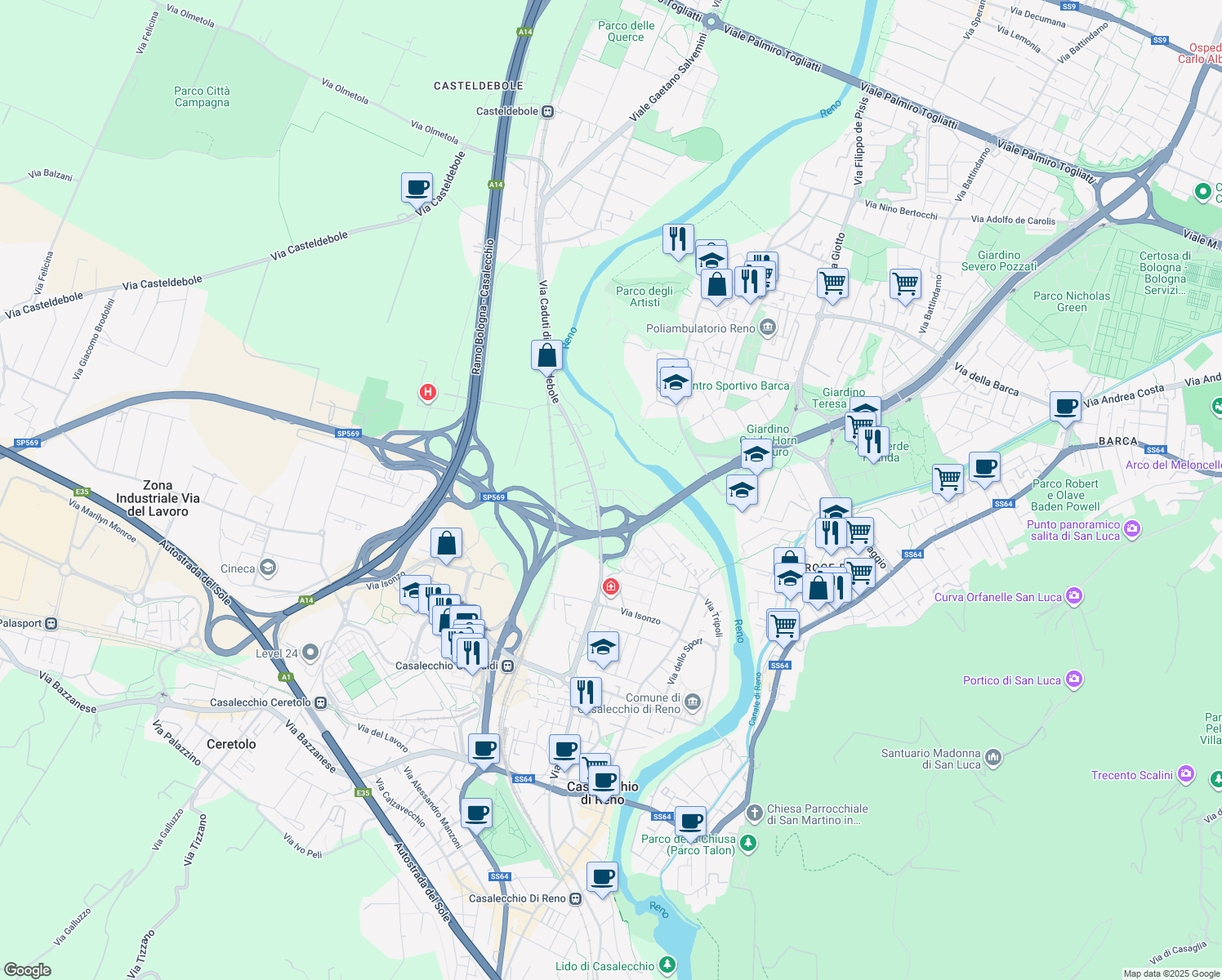 map of restaurants, bars, coffee shops, grocery stores, and more near 1 Via Masetti in Casalecchio di Reno