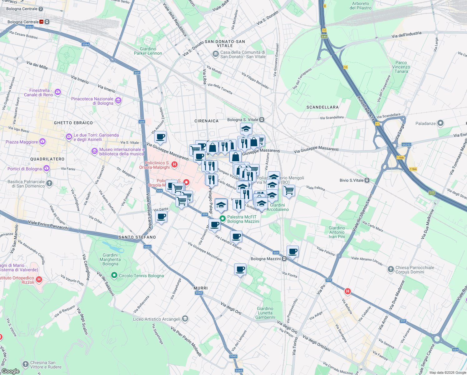 map of restaurants, bars, coffee shops, grocery stores, and more near 16-20 Via Antonio Bondi in Bologna