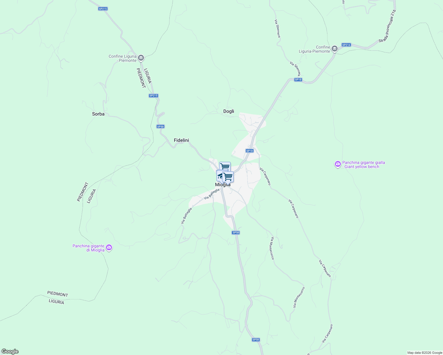 map of restaurants, bars, coffee shops, grocery stores, and more near 24 Via Anlera in Mioglia