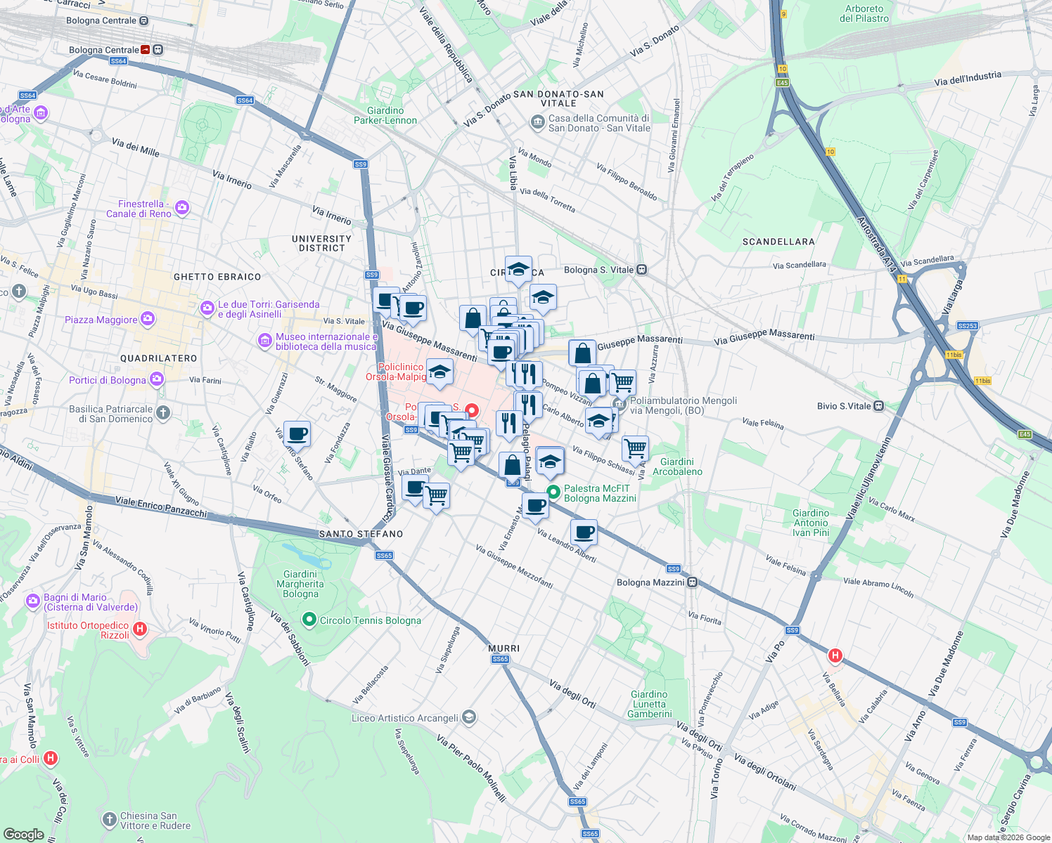 map of restaurants, bars, coffee shops, grocery stores, and more near 16 Via Pelagio Palagi in Bologna