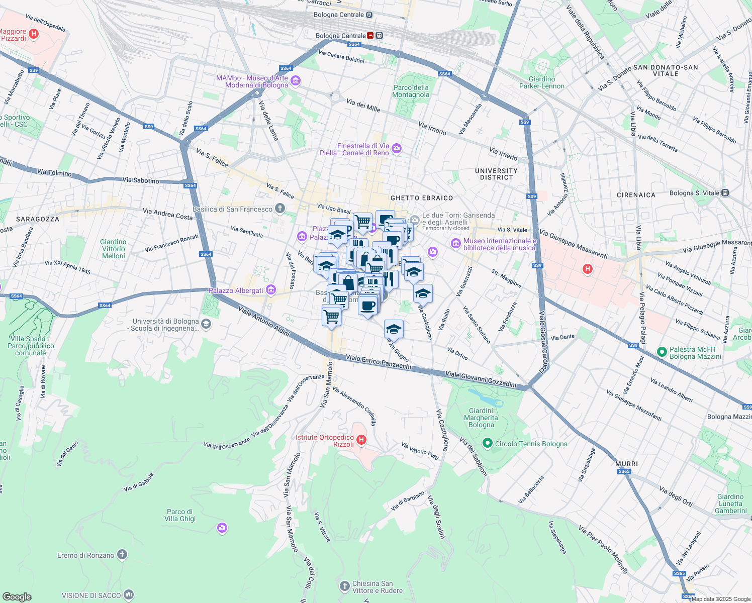 map of restaurants, bars, coffee shops, grocery stores, and more near 19 Via Marsili in Bologna