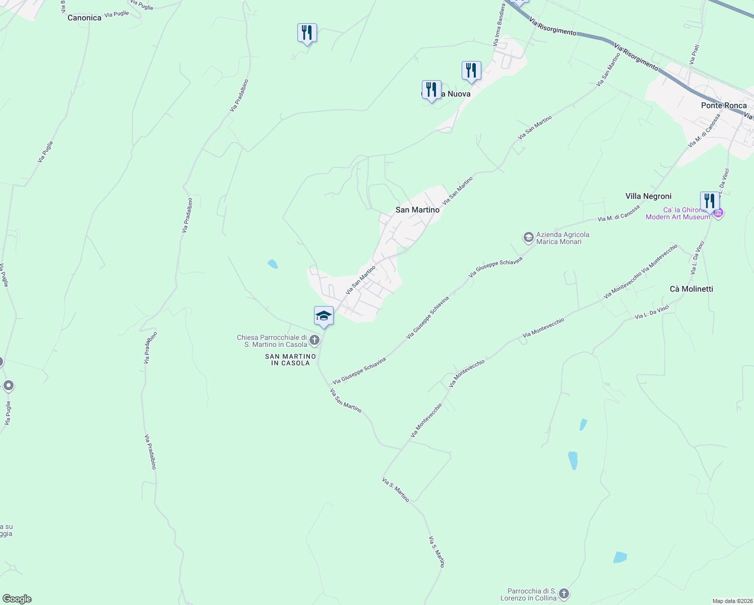 map of restaurants, bars, coffee shops, grocery stores, and more near 16 Via Papa Giovanni XXIII in San Martino