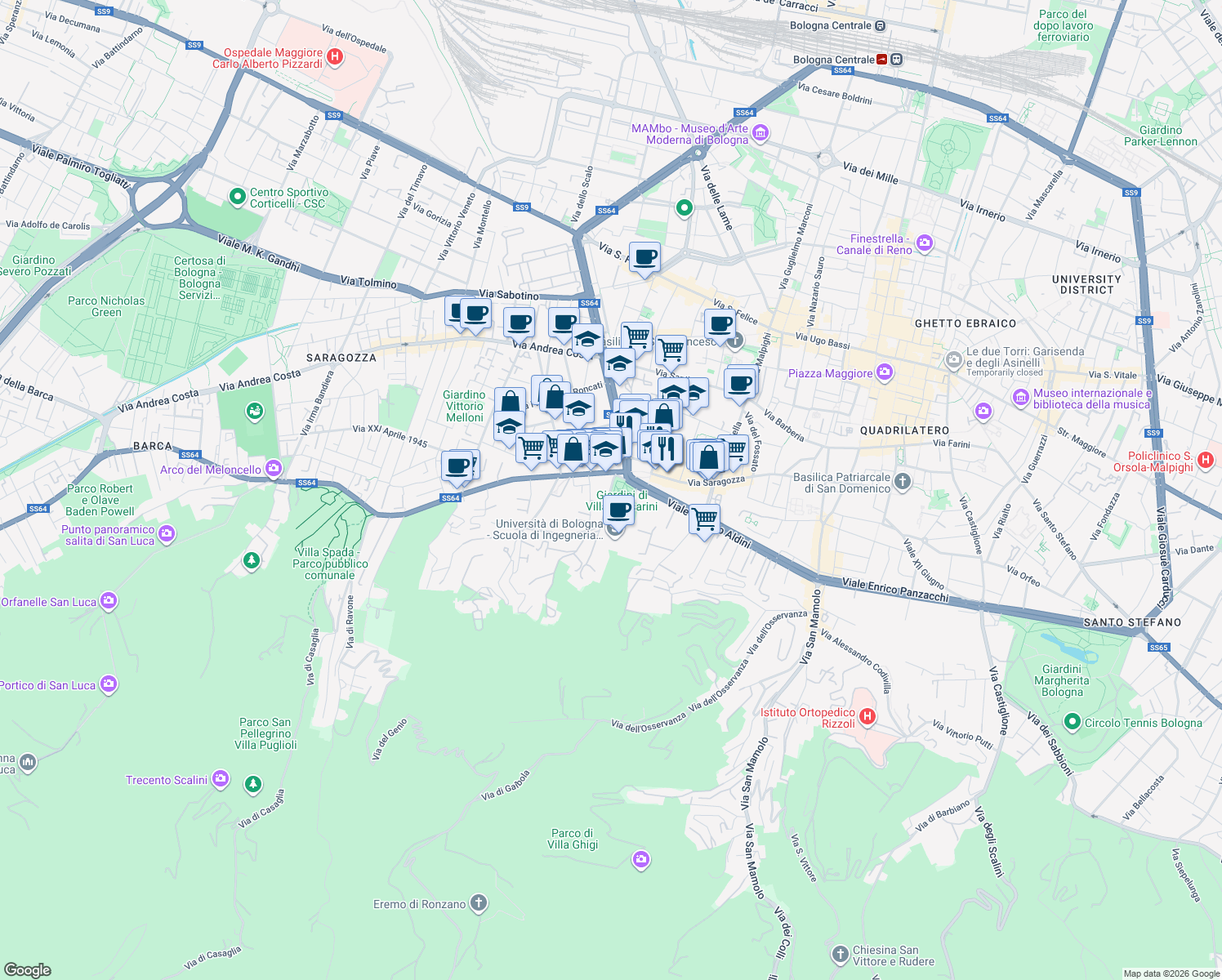 map of restaurants, bars, coffee shops, grocery stores, and more near 4 Via Francesco Albergati in Bologna