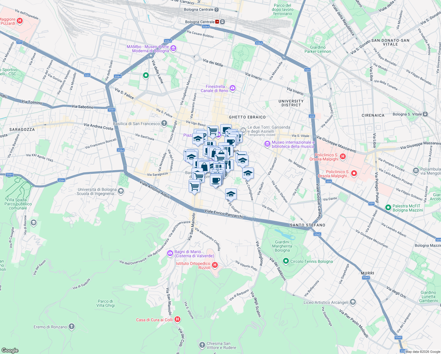 map of restaurants, bars, coffee shops, grocery stores, and more near 19 Via Marsili in Bologna
