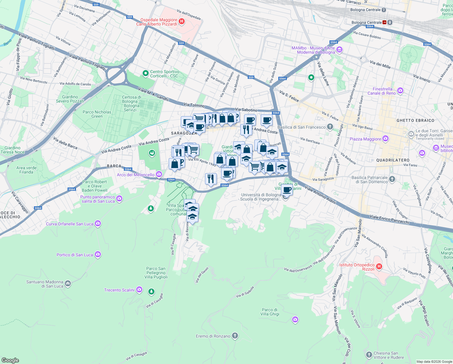 map of restaurants, bars, coffee shops, grocery stores, and more near 1-3 Via Francesco Orsoni in Bologna