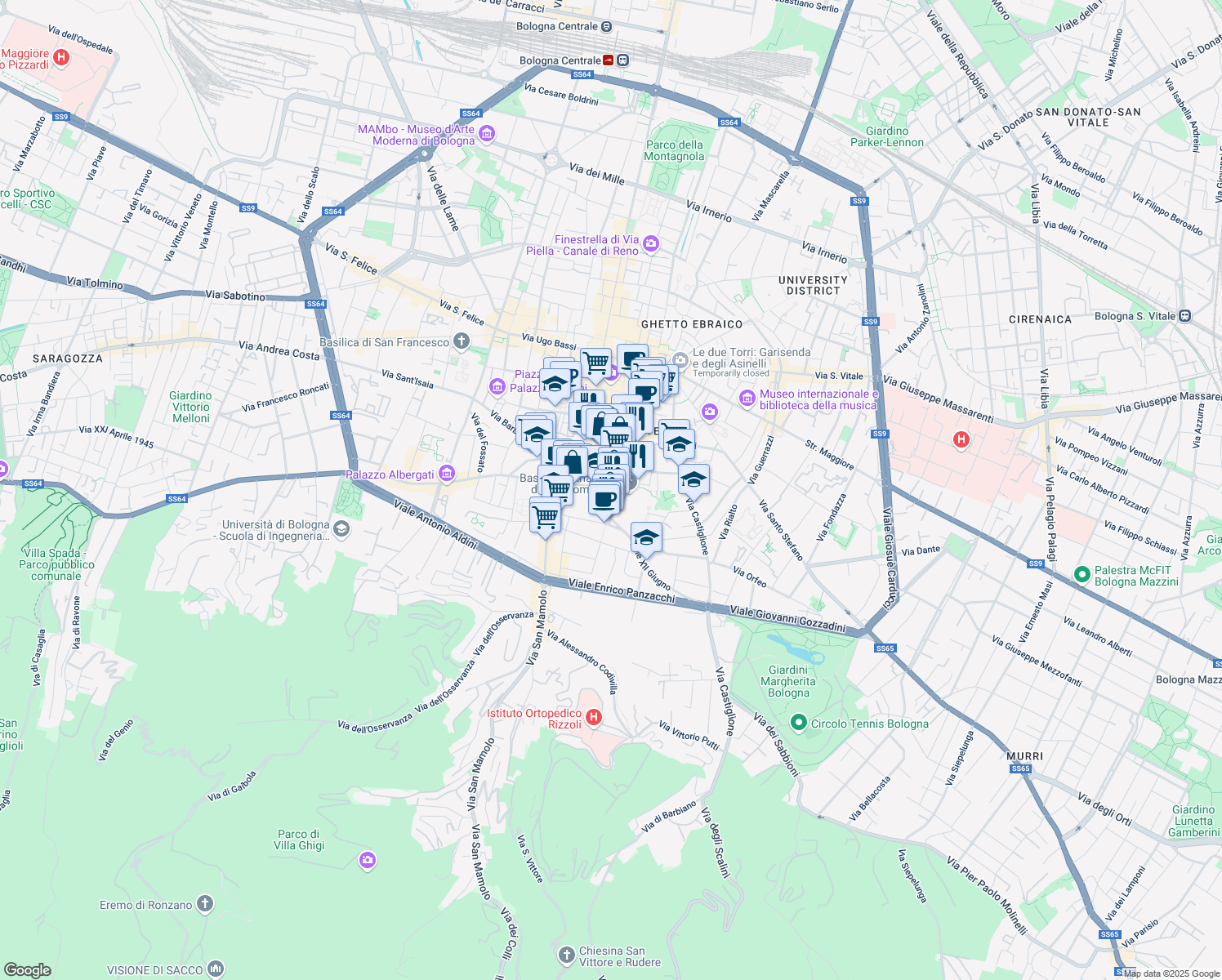 map of restaurants, bars, coffee shops, grocery stores, and more near 19 Via Marsili in Bologna