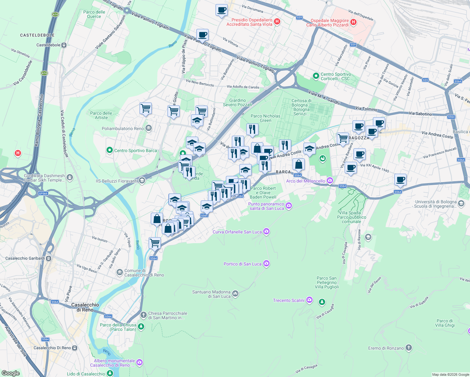 map of restaurants, bars, coffee shops, grocery stores, and more near 32 Via Claudio Treves in Bologna