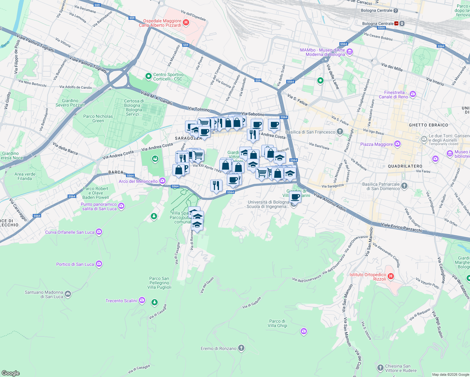 map of restaurants, bars, coffee shops, grocery stores, and more near 1-3 Via Francesco Orsoni in Bologna