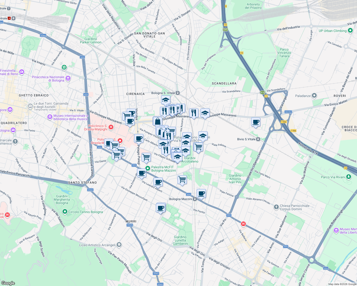 map of restaurants, bars, coffee shops, grocery stores, and more near 31 Via Azzurra in Bologna