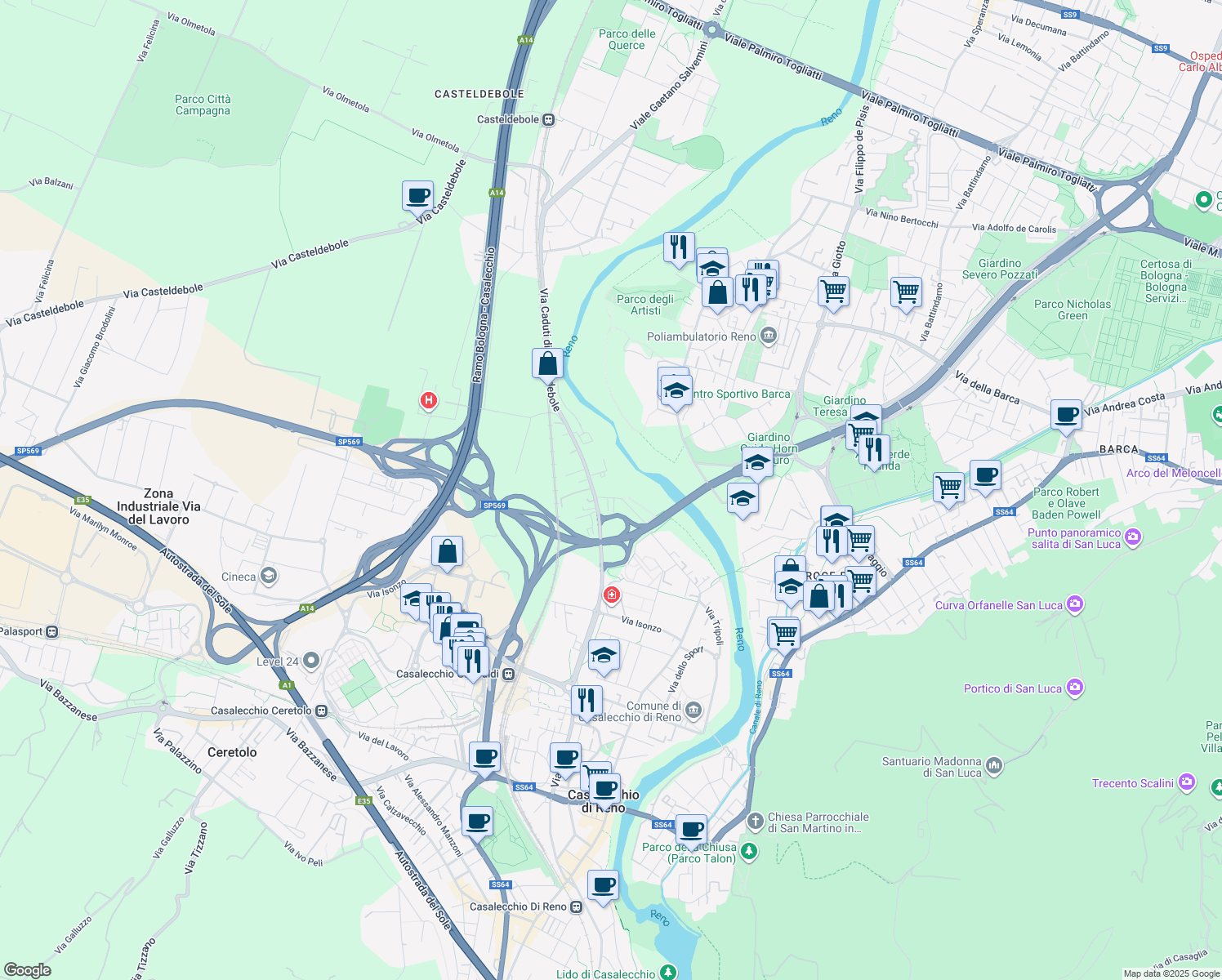 map of restaurants, bars, coffee shops, grocery stores, and more near 1 Via Masetti in Casalecchio di Reno