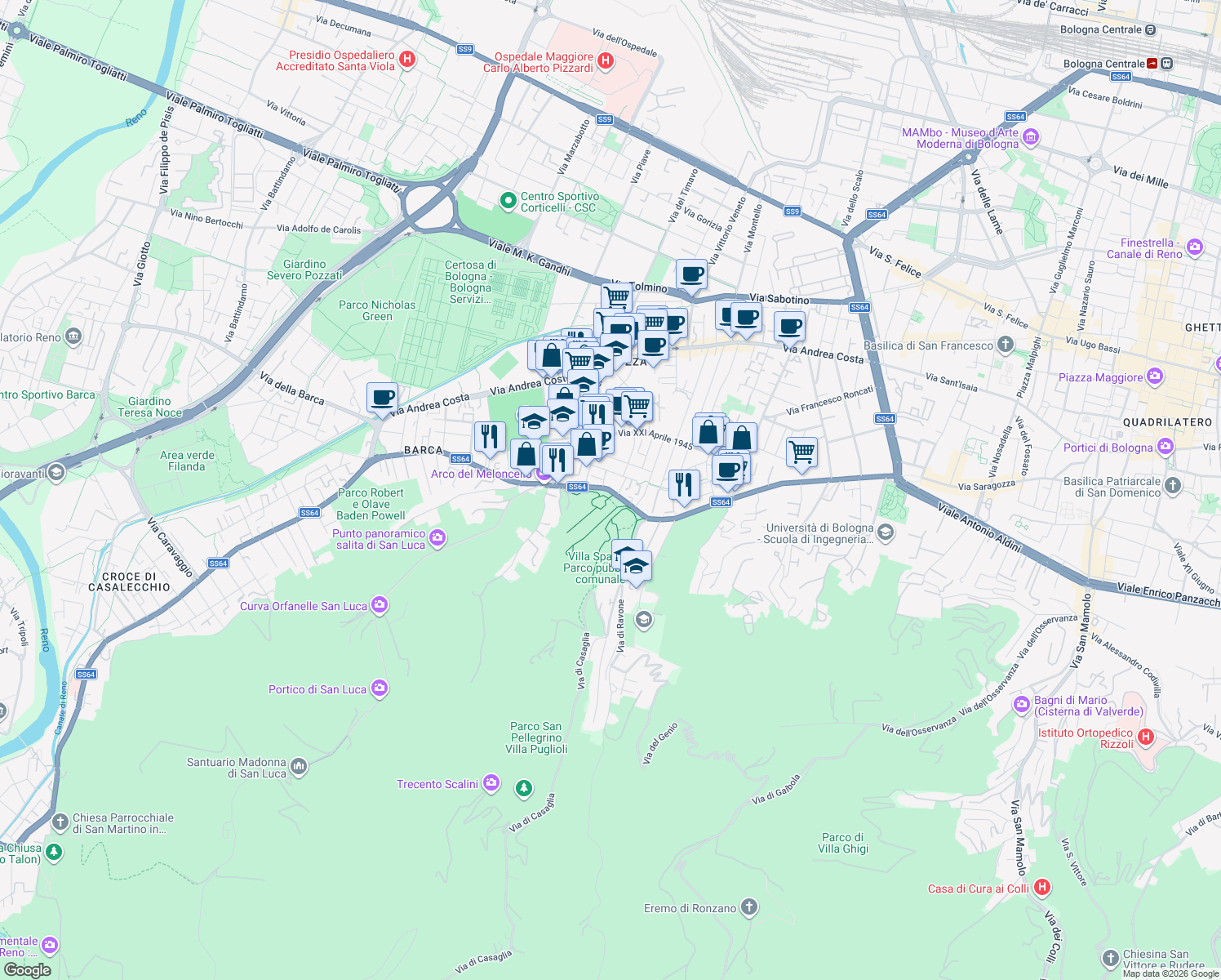 map of restaurants, bars, coffee shops, grocery stores, and more near 217 Via Saragozza in Bologna