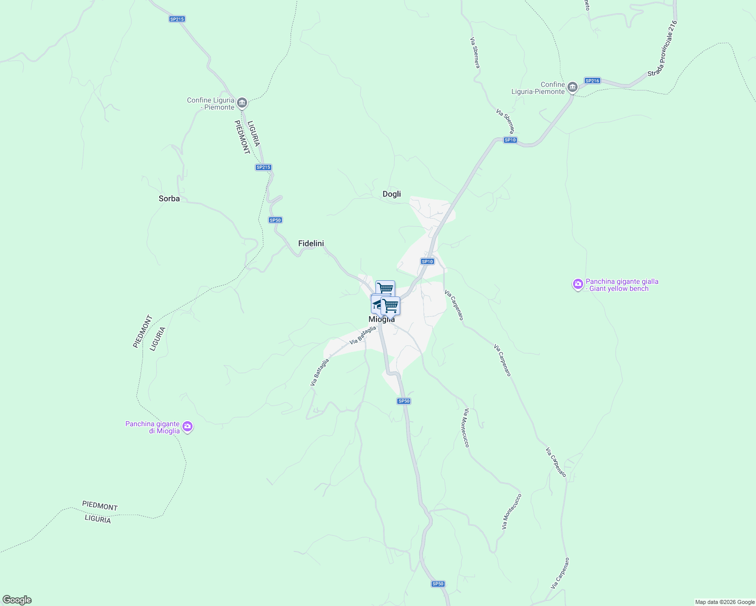 map of restaurants, bars, coffee shops, grocery stores, and more near 24 Via Anlera in Mioglia