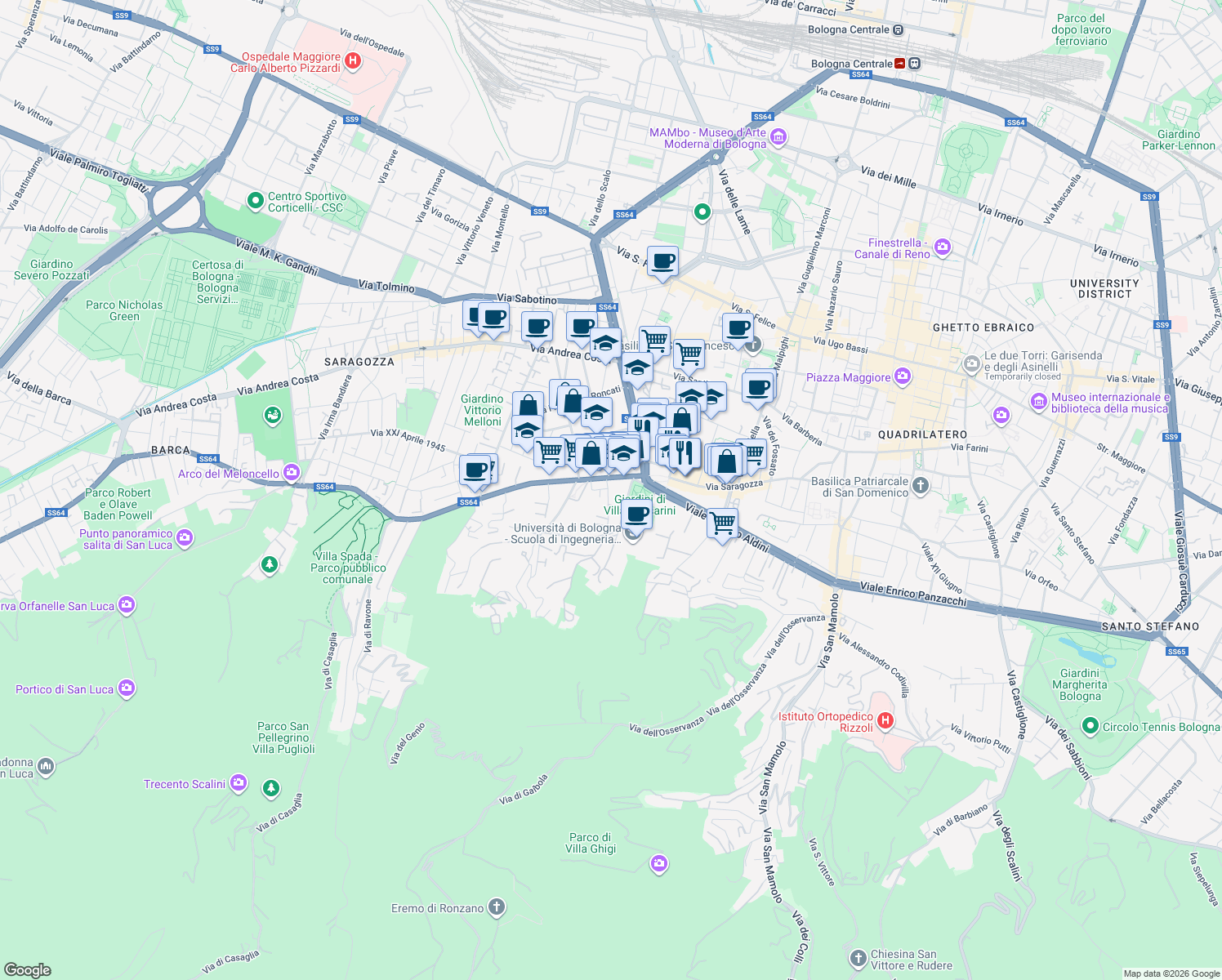 map of restaurants, bars, coffee shops, grocery stores, and more near 4 Via Francesco Albergati in Bologna