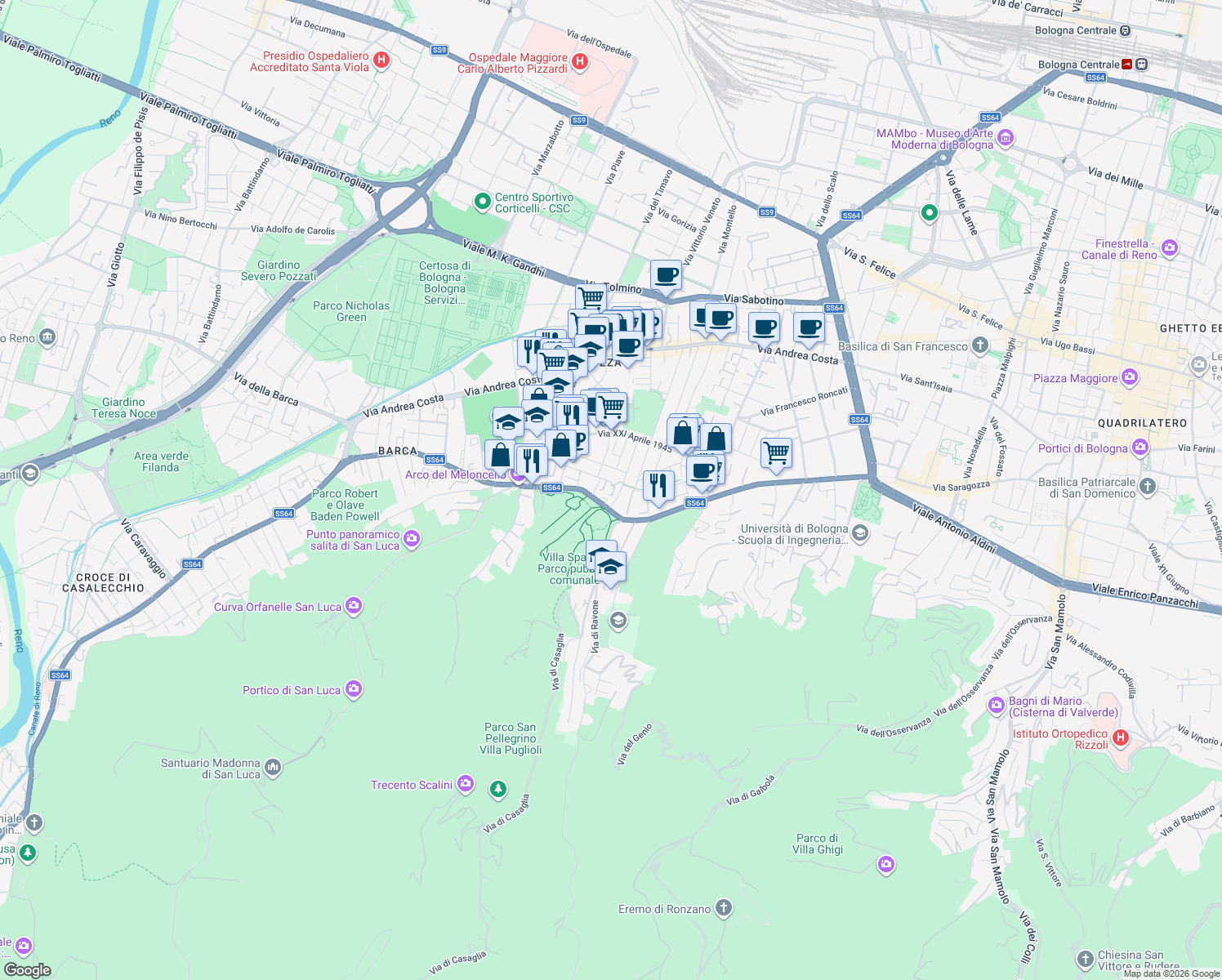 map of restaurants, bars, coffee shops, grocery stores, and more near 2 Via Eugenio Curiel in Bologna