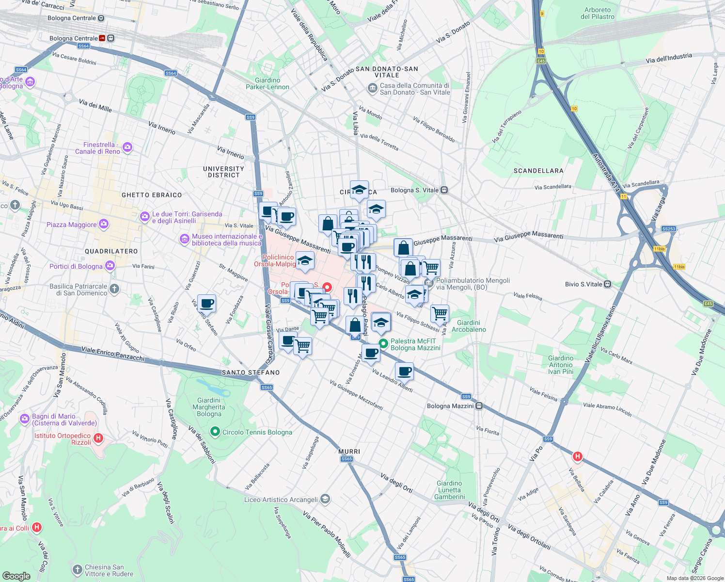 map of restaurants, bars, coffee shops, grocery stores, and more near 16 Via Pelagio Palagi in Bologna