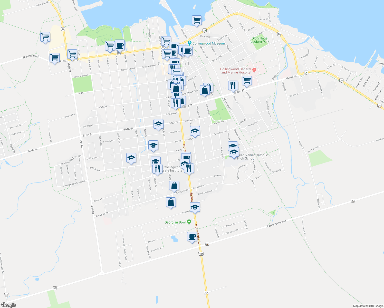 map of restaurants, bars, coffee shops, grocery stores, and more near 11 Victory Drive in Collingwood