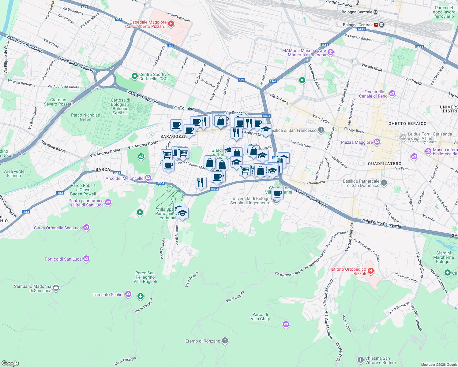 map of restaurants, bars, coffee shops, grocery stores, and more near 133-139 Via Filippo Turati in Bologna