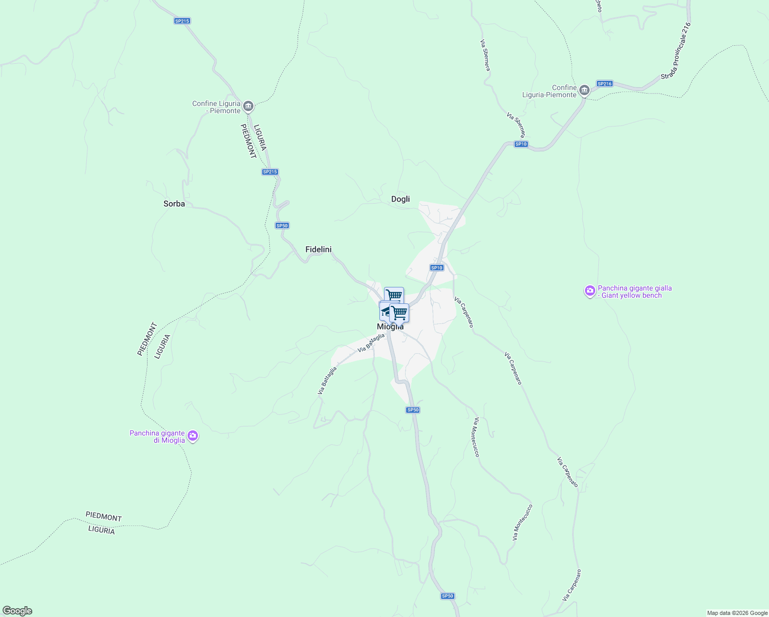 map of restaurants, bars, coffee shops, grocery stores, and more near 24 Via Anlera in Mioglia