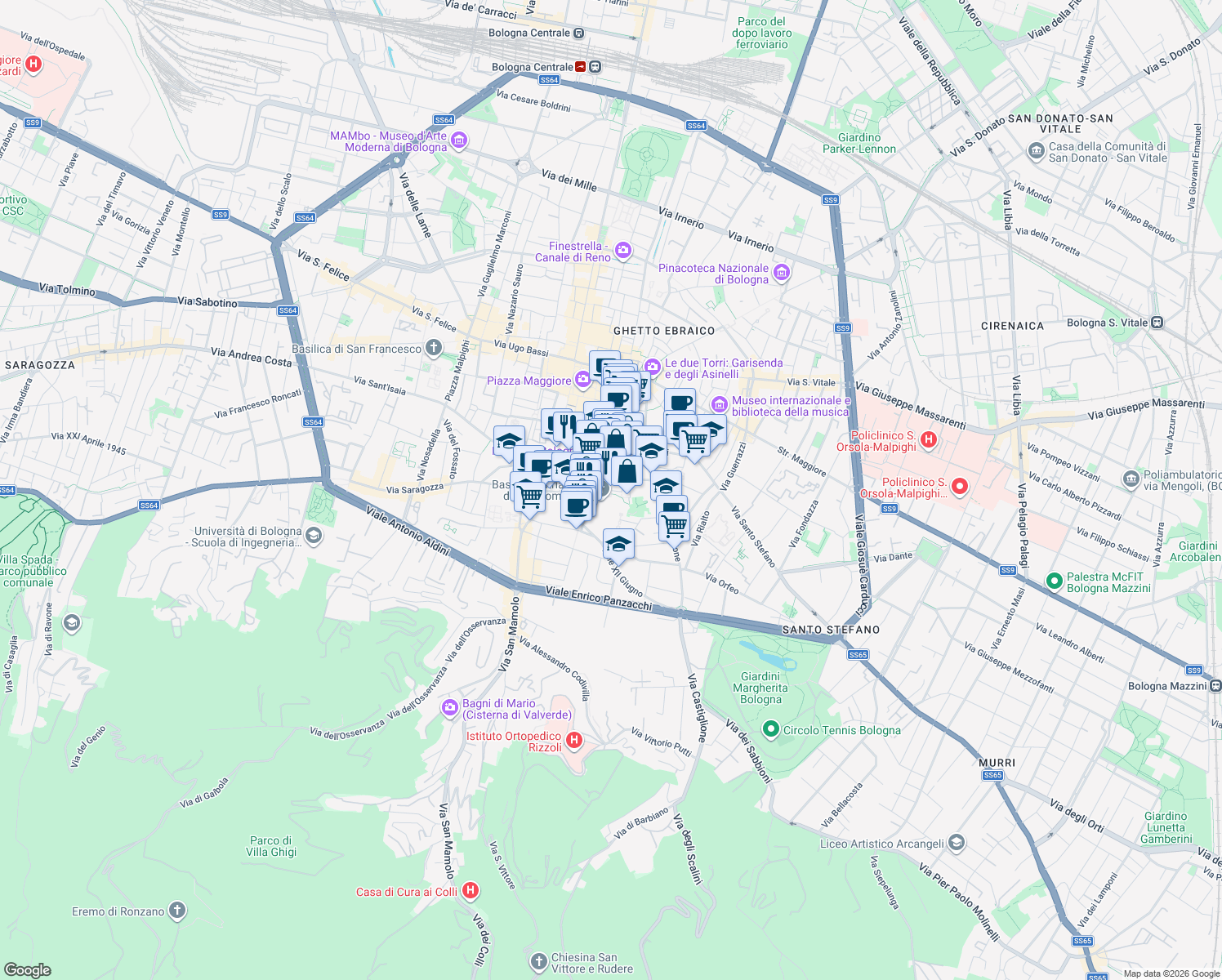 map of restaurants, bars, coffee shops, grocery stores, and more near 3 Piazza San Domenico in Bologna