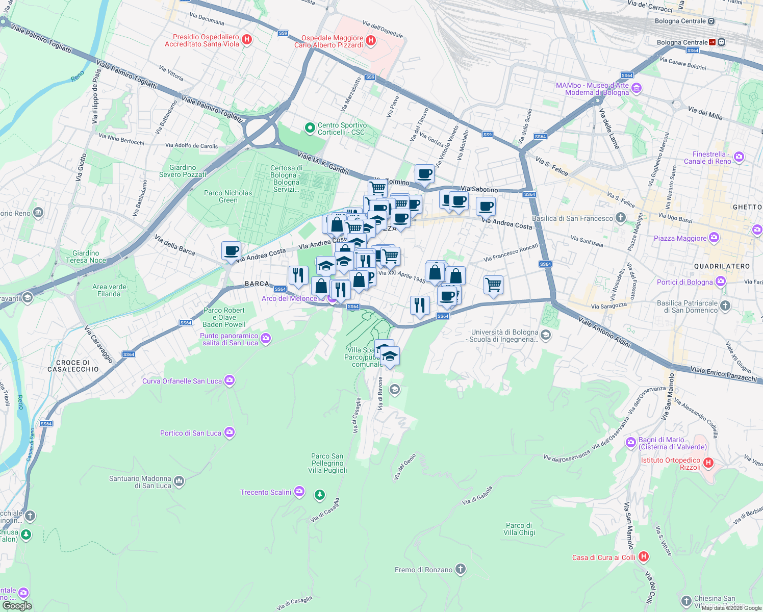 map of restaurants, bars, coffee shops, grocery stores, and more near 217 Via Saragozza in Bologna