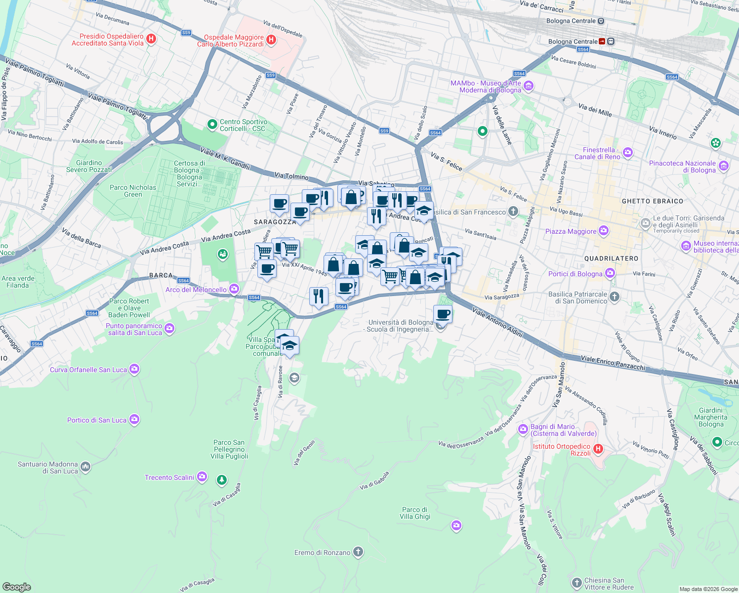 map of restaurants, bars, coffee shops, grocery stores, and more near 133-139 Via Filippo Turati in Bologna