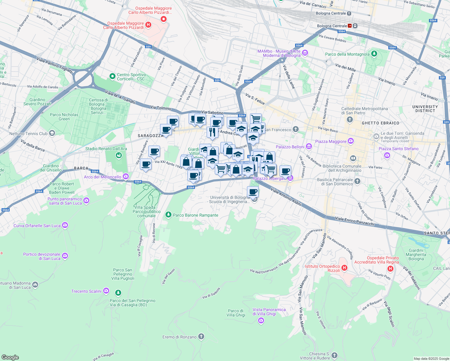 map of restaurants, bars, coffee shops, grocery stores, and more near 130 Via Saragozza in Bologna