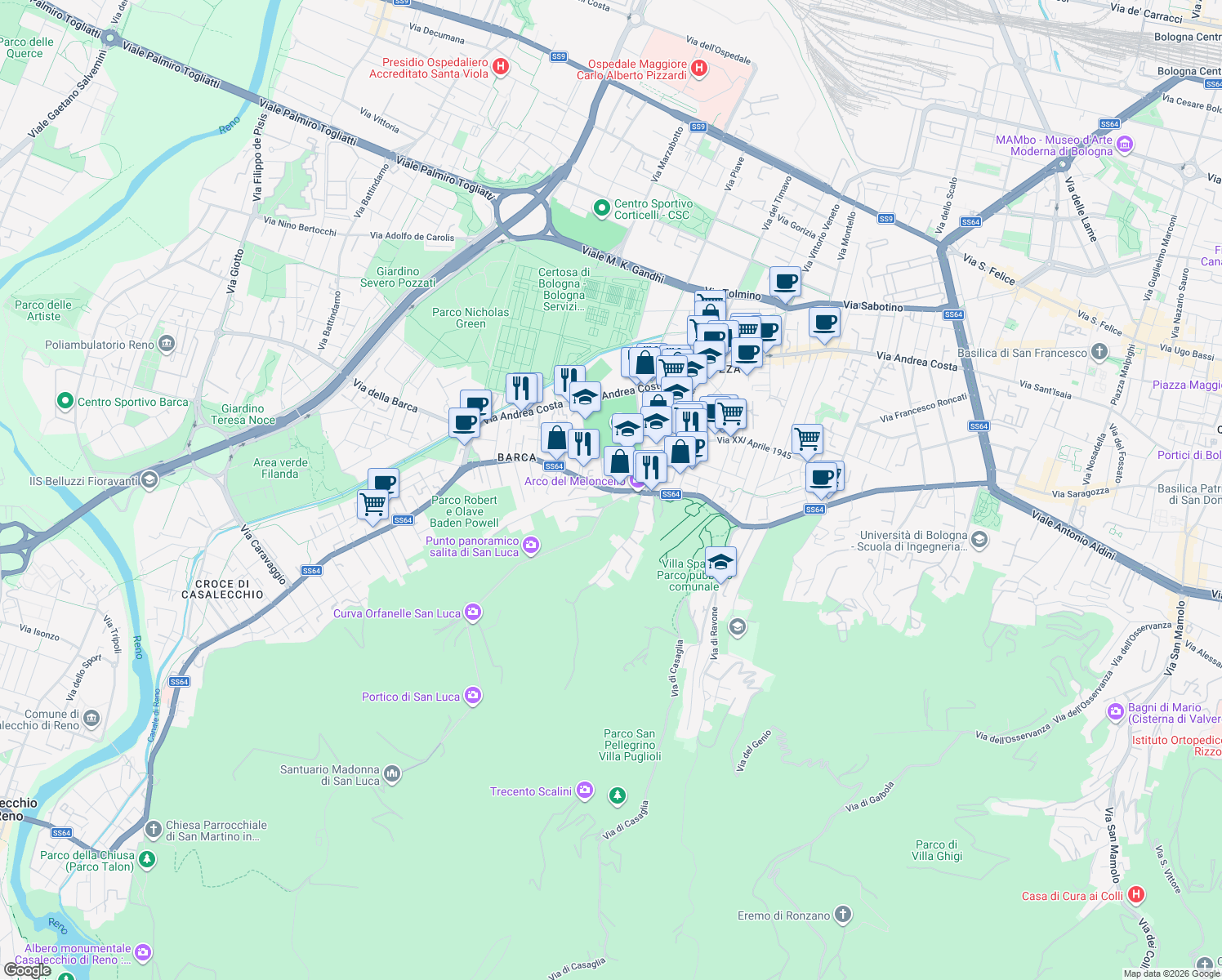 map of restaurants, bars, coffee shops, grocery stores, and more near 18-28 Strada Statale Porrettana in Bologna